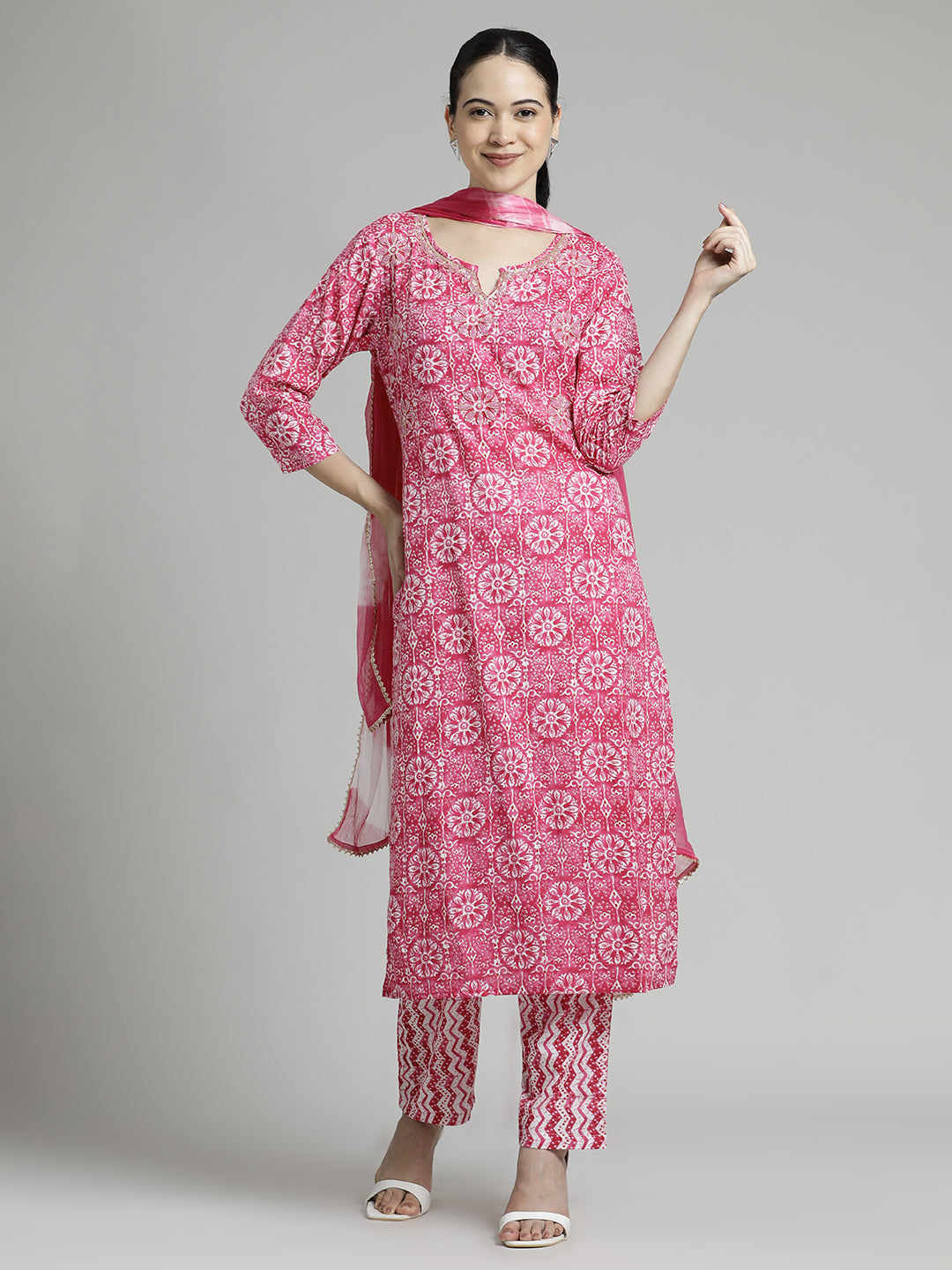 Ethnic Printed Cotton Pink Kurta Set With Dupatta