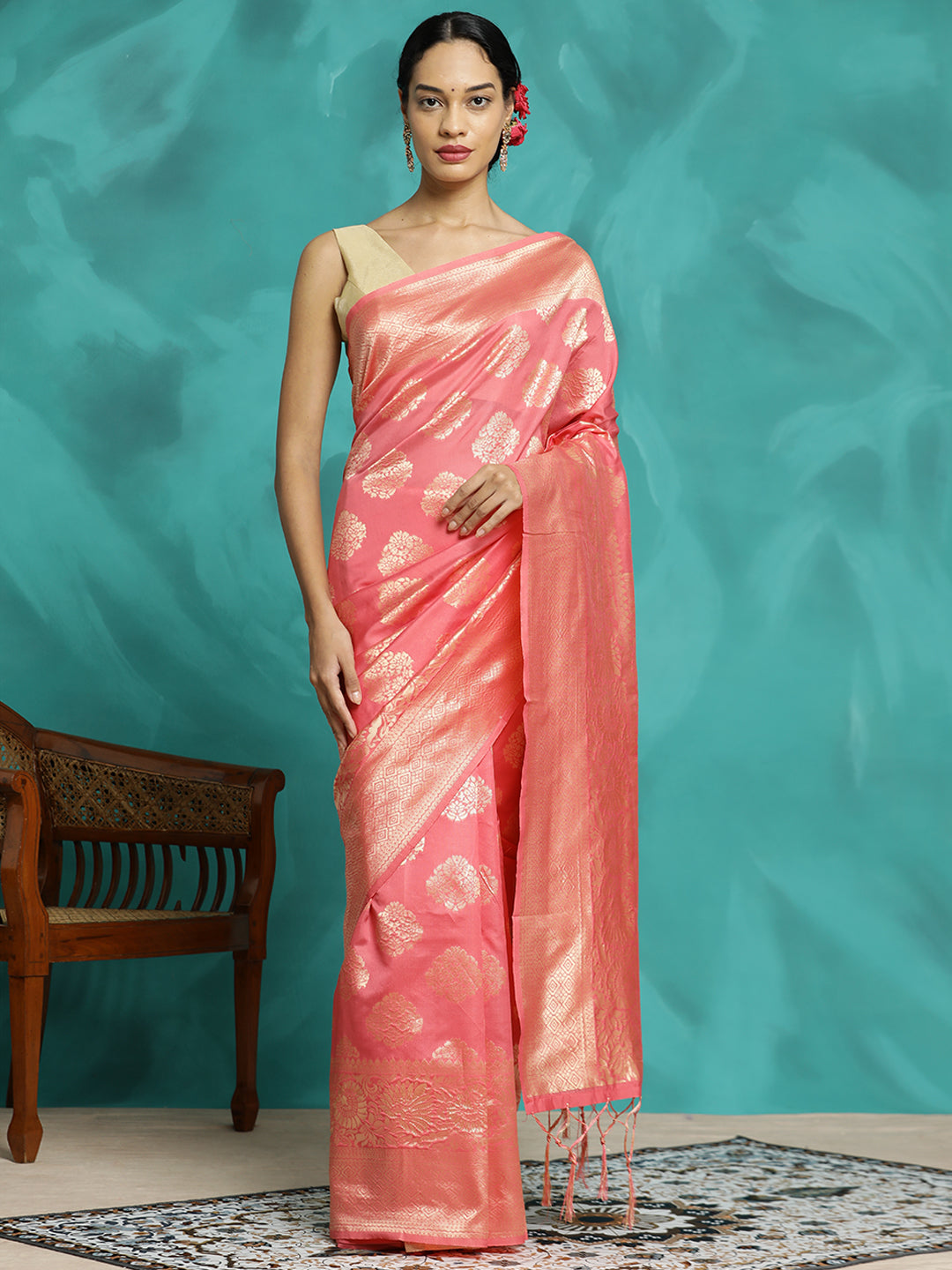 Peach Zari Woven Design Banarasi Saree