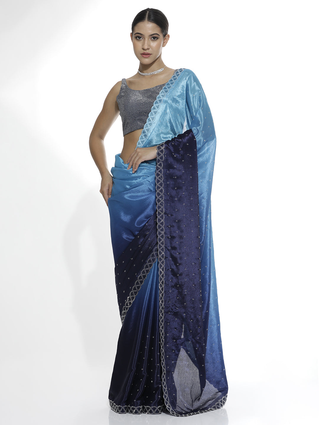 Satin Siroski Work Party Wear Blue Saree