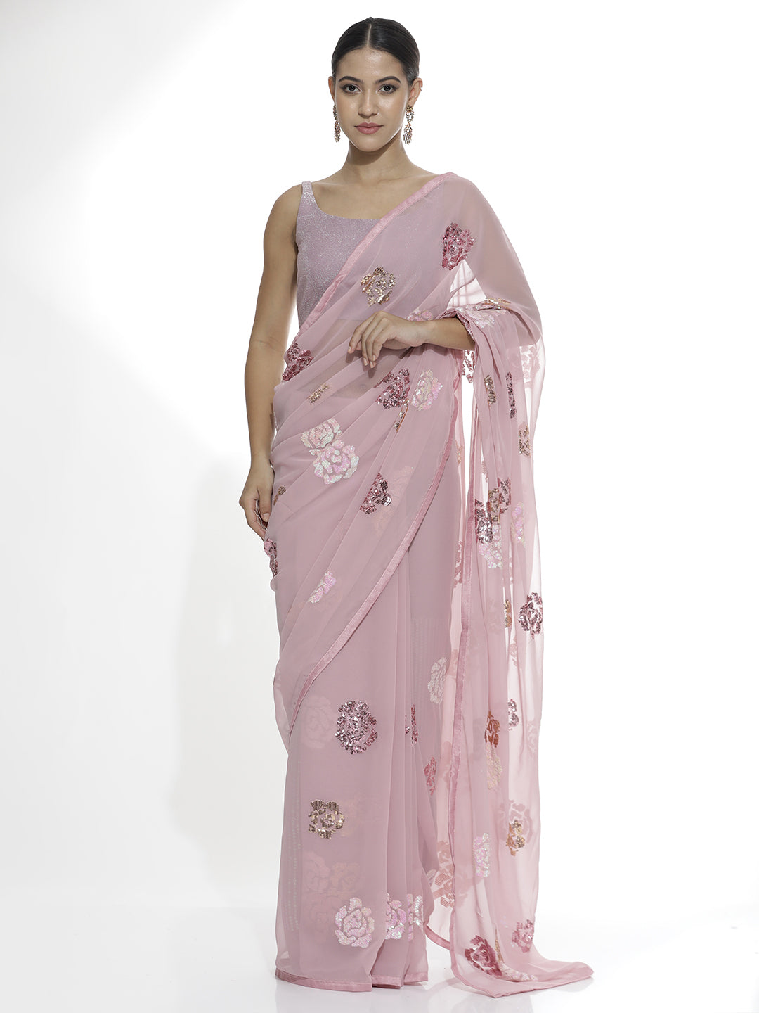 Pink Party Wear Sequin Work Georgette Saree