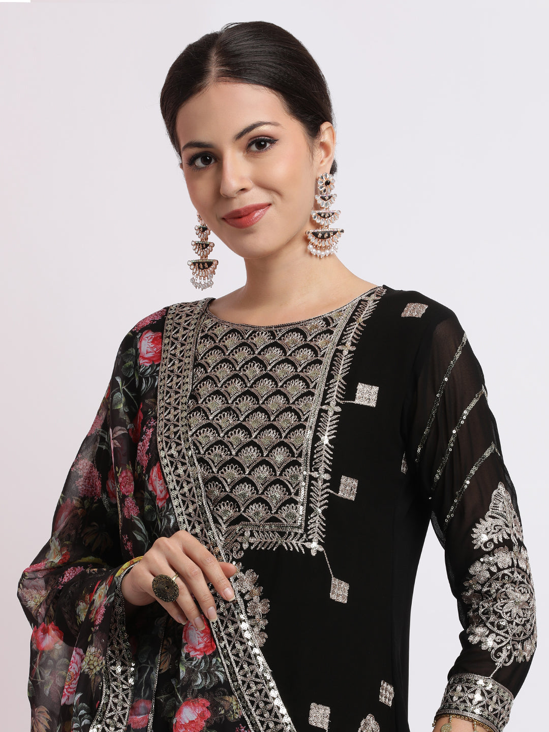 Black Zari Embroidered Kurta With Floral Sharara And Dupatta