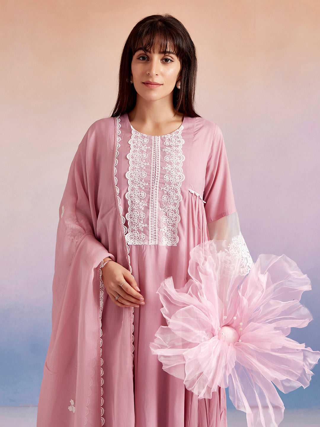 Lavender Embroidered Tiered Festive Kurta Set With Dupatta