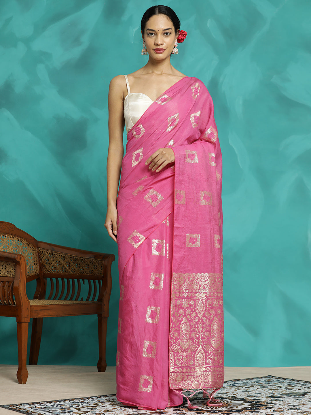 Pink Zari Woven Cotton Blend Banarasi Saree