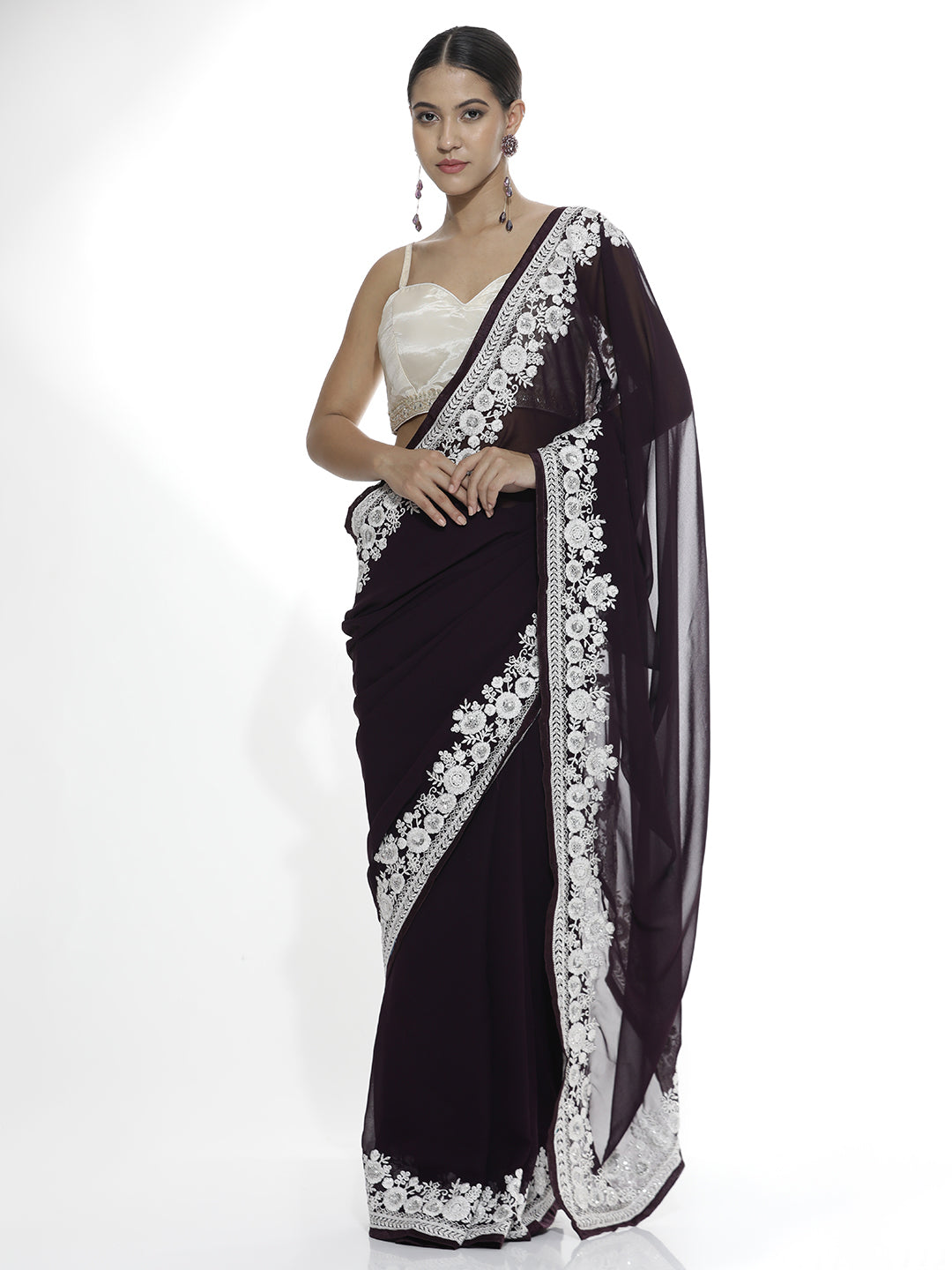 Pure Georgette Embroidered Wine Saree