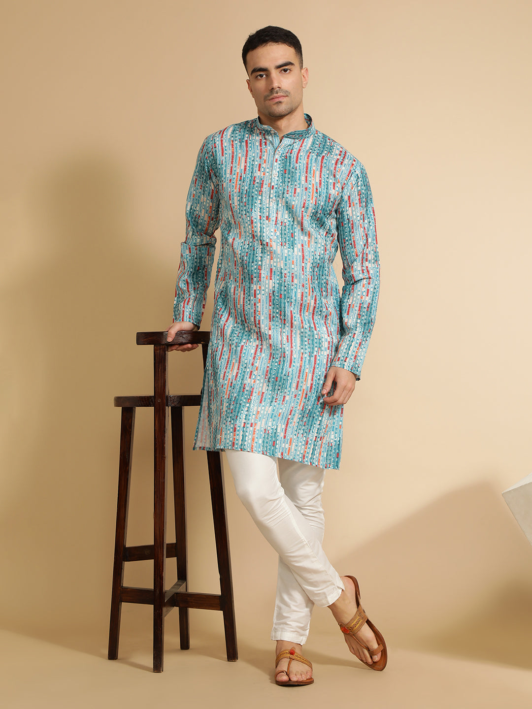 Teal Blue Abstract Printed Cotton Kurta for Men