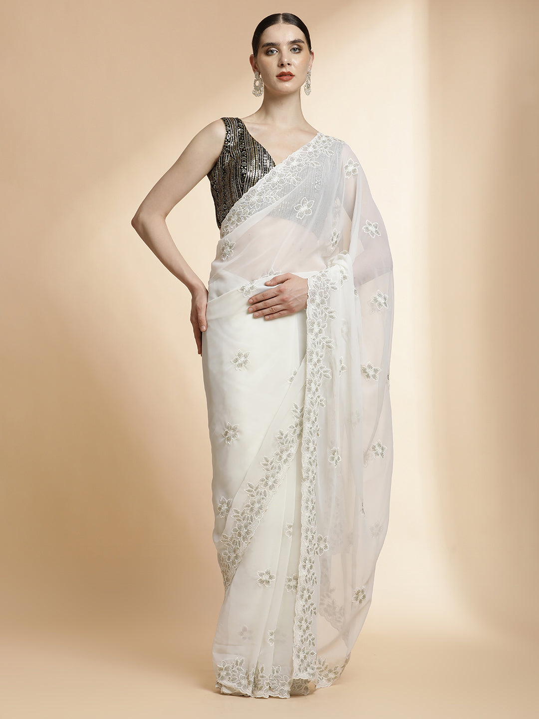 Party Wear Embroidered Pure Georgette White Saree