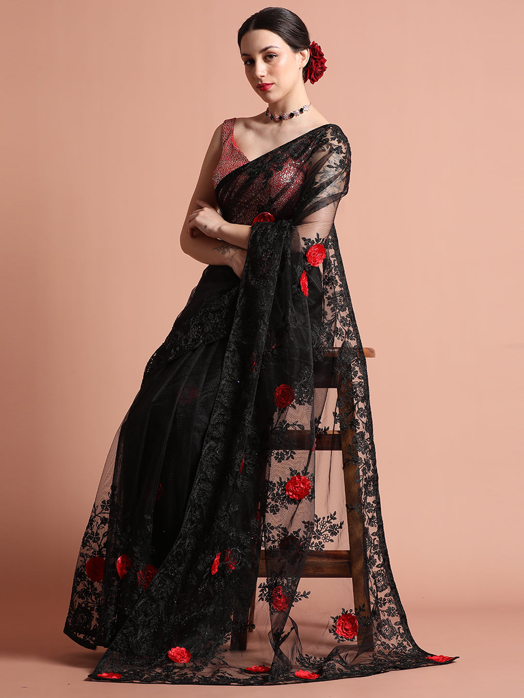 Party Wear Floral Black Embroidered Net Saree