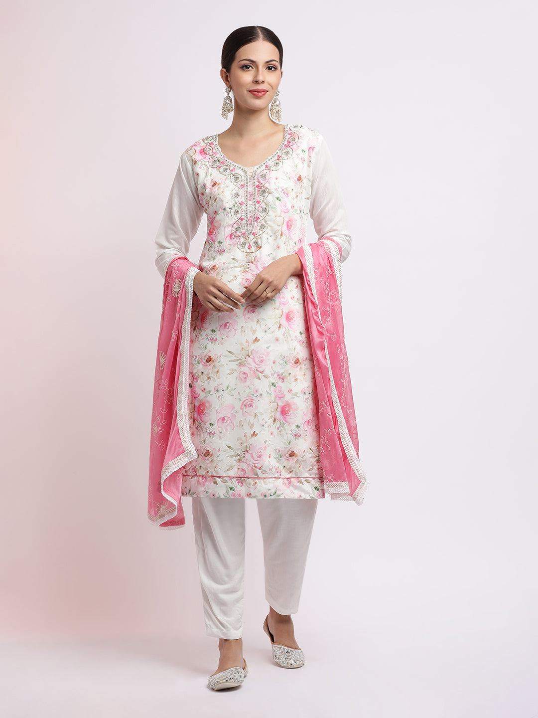 Embroidered Cotton Blend Kurta Set With Dupatta