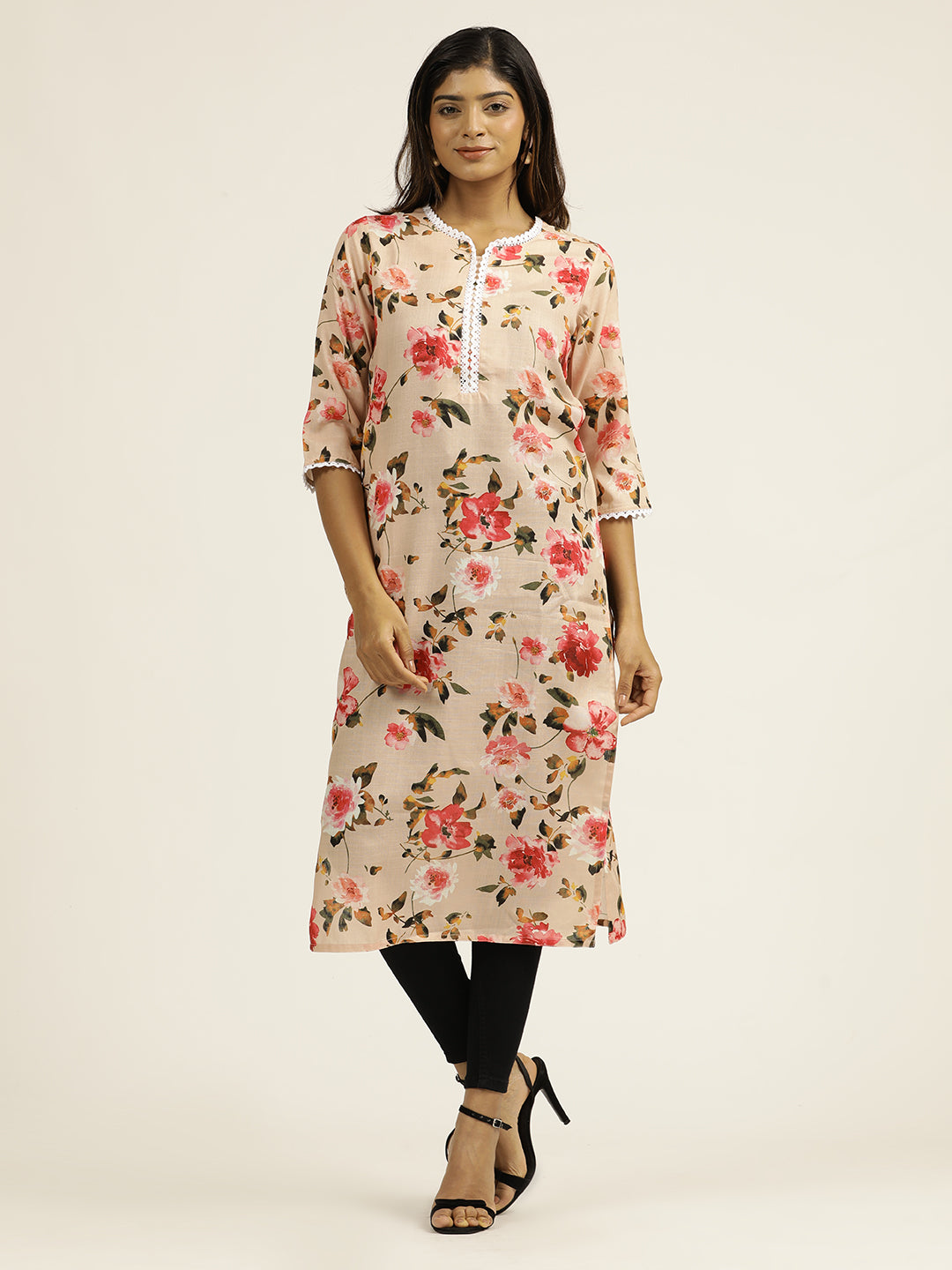 Peach Floral Printed Straight Kurta