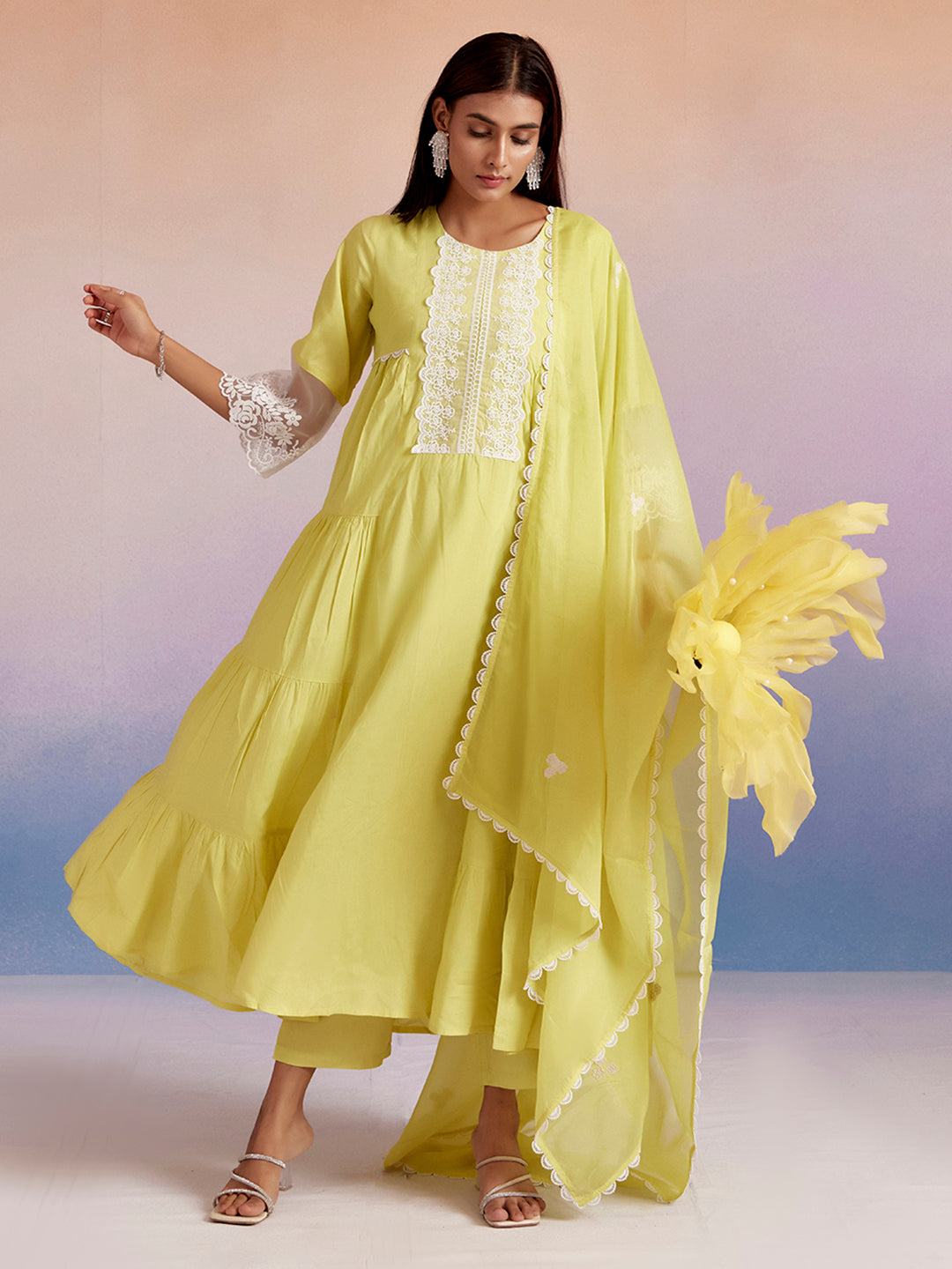 Lime Green Embroidered Tiered Festive Kurta Set With Dupatta