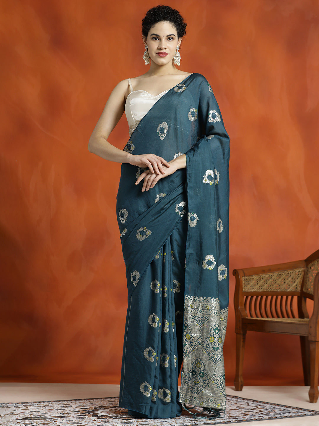 Teal Silk Blend Banarasi Zari Woven Saree