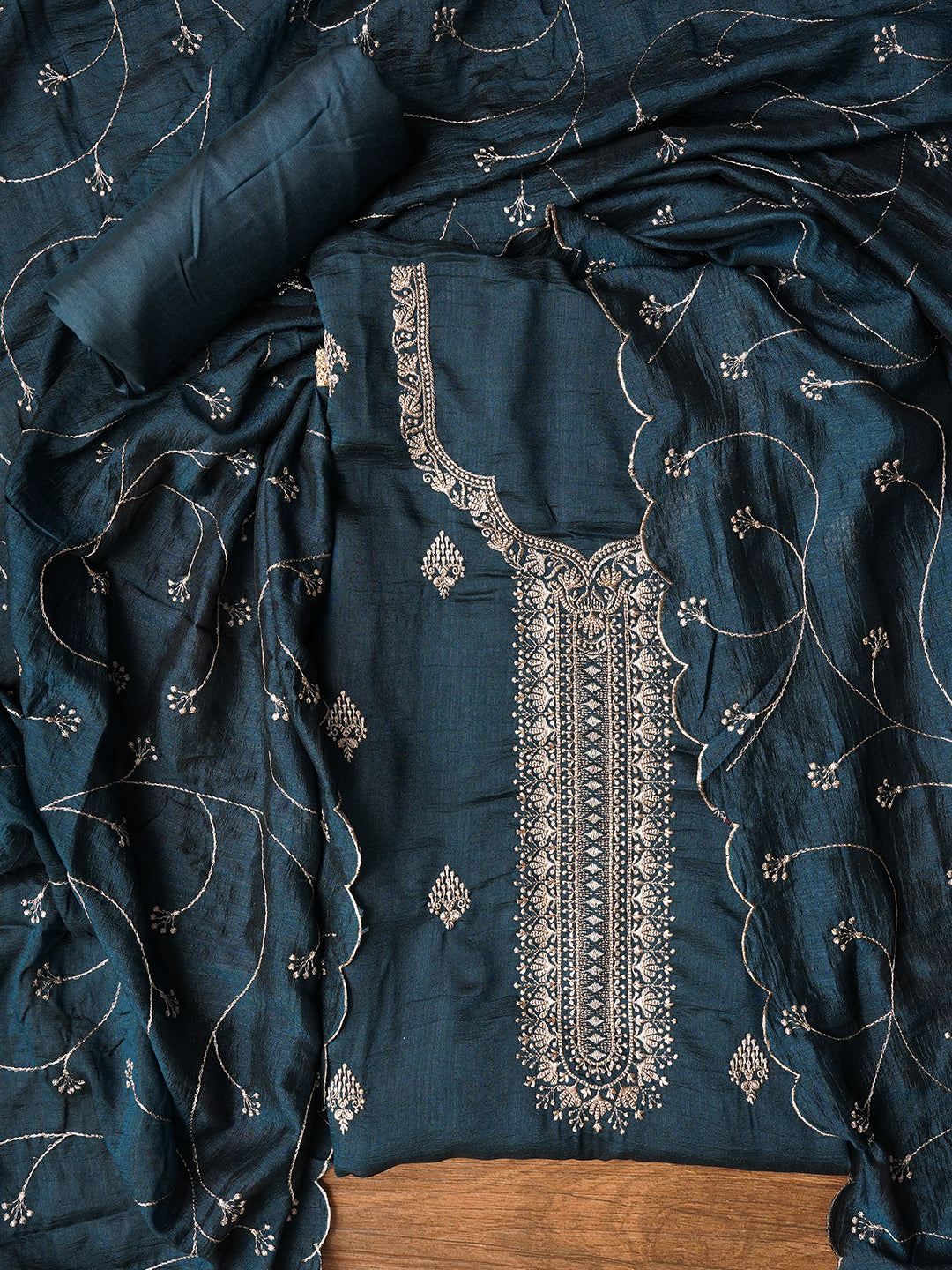 Teal Unstitched Embroidered Silk Blend Dress Material With Dupatta