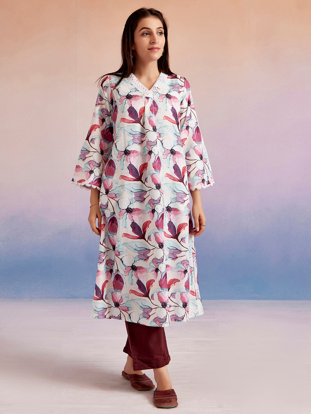 Off White & Magenta Floral Printed A-Line Kurta