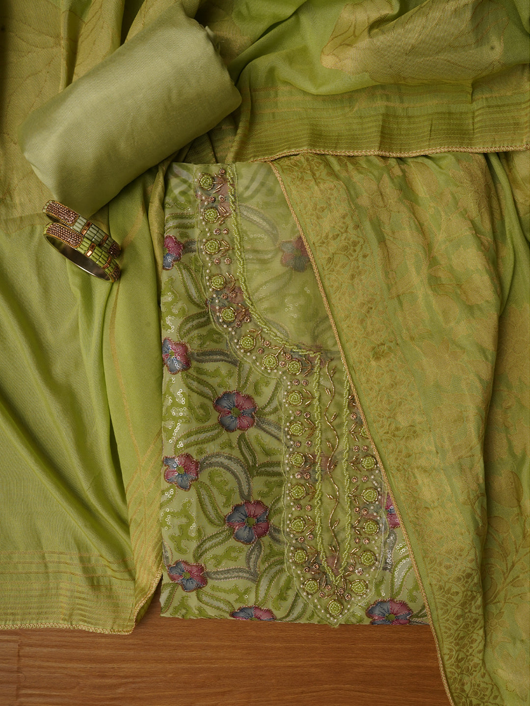 Green Sequin Embellished Organza Printed Dress Material with Dupatta