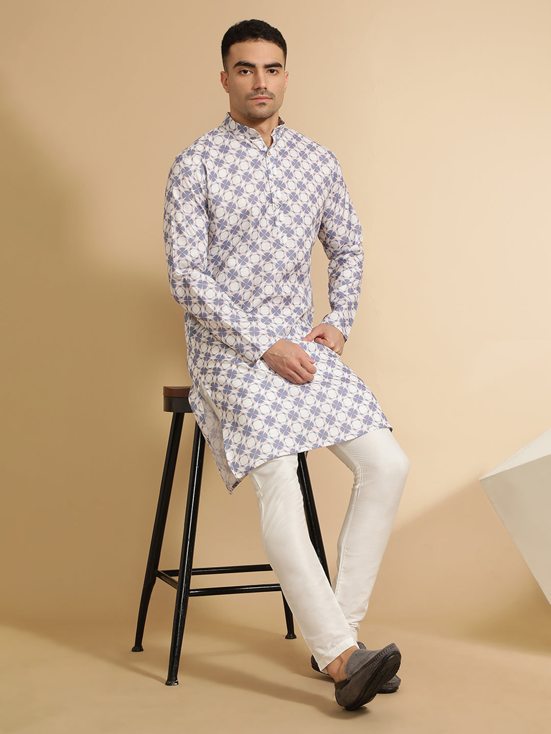 Off White & Blue Floral Printed Cotton Kurta for Men