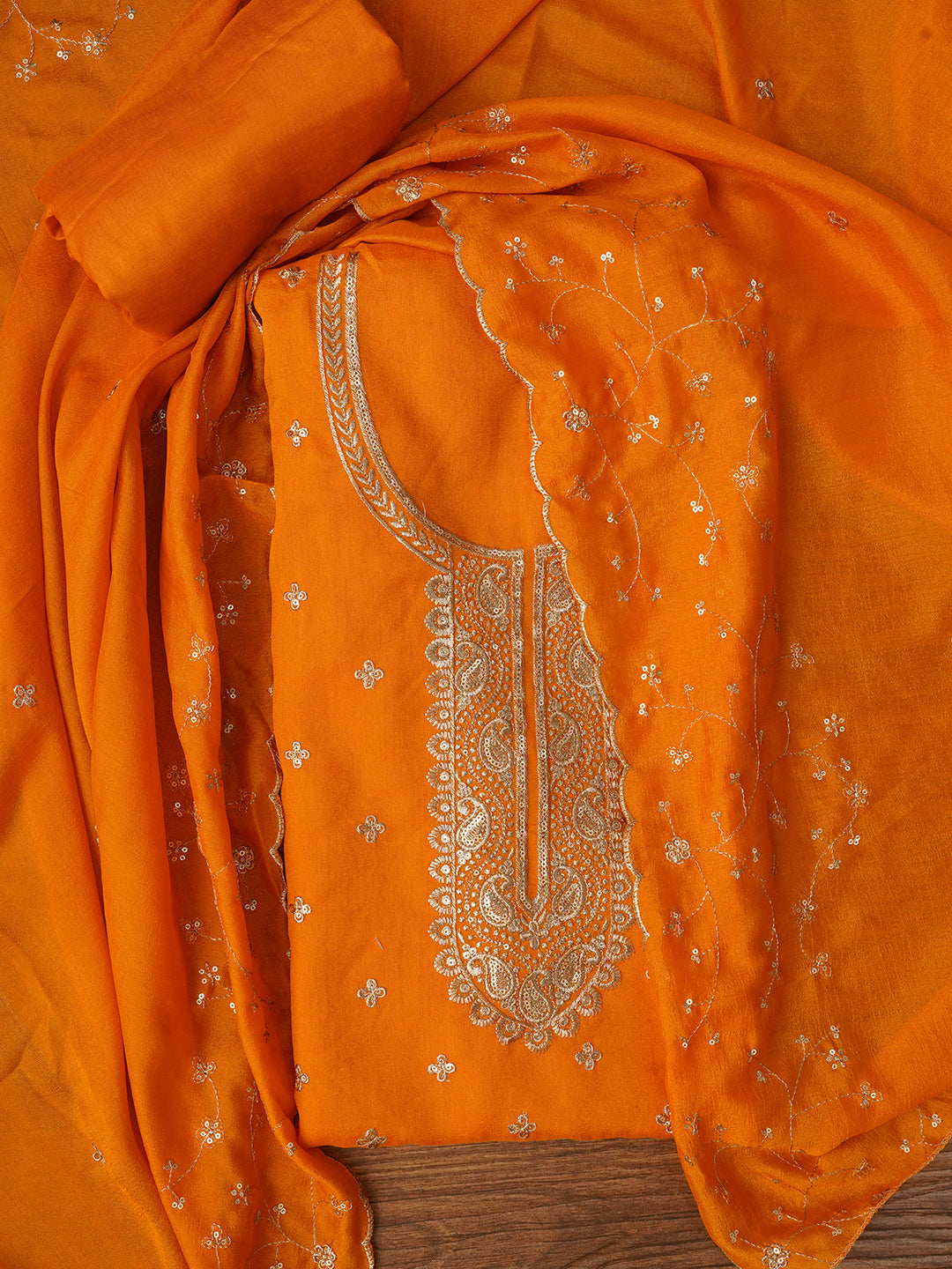 Yellow Unstitched Embroidered Cotton Blend Dress Material With Dupatta