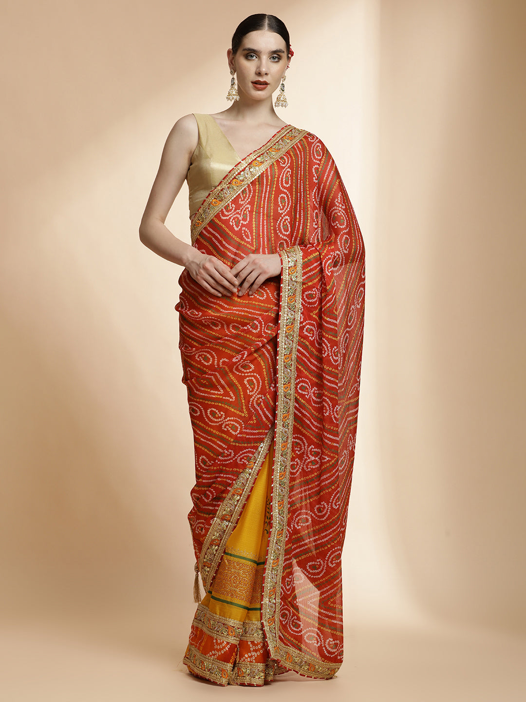 Red Heavy Bandhani Embroidered Pure Georgette Saree