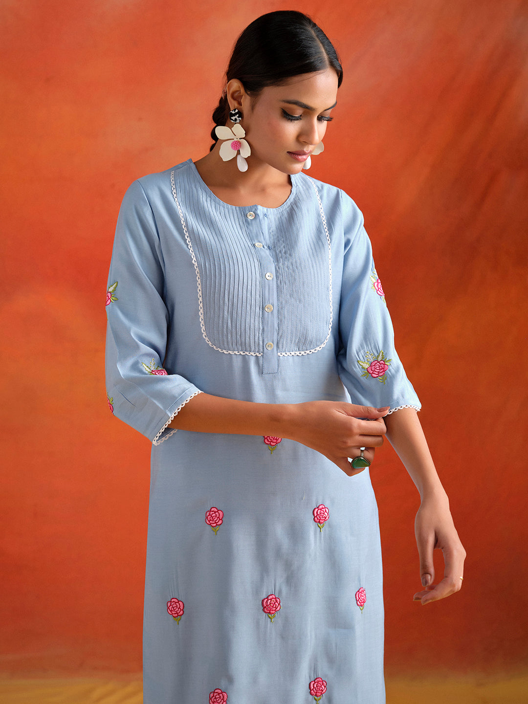 Blue Embroidered Viscose Chanderi Festive Kurta Set