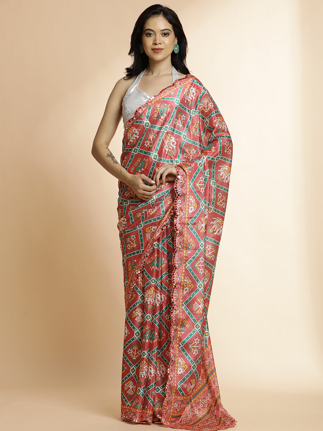 Multicolor Tribal Printed Mirror Work Satin Saree