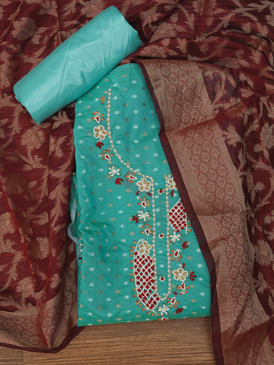 Green Unstitched Zari Embellished Cotton Blend Dress Material with Dupatta