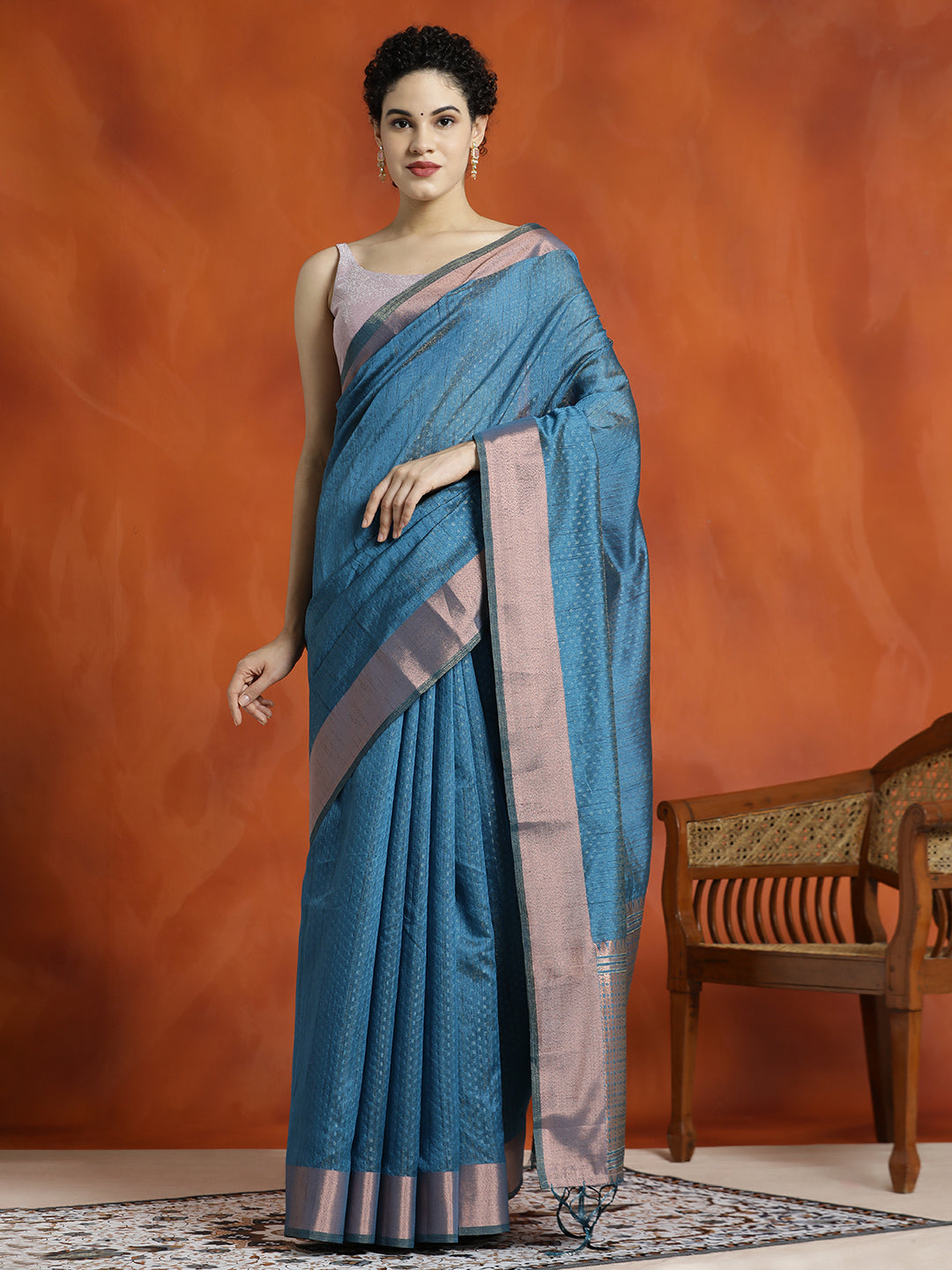 Teal Zari Woven Banarasi Organza Red Saree