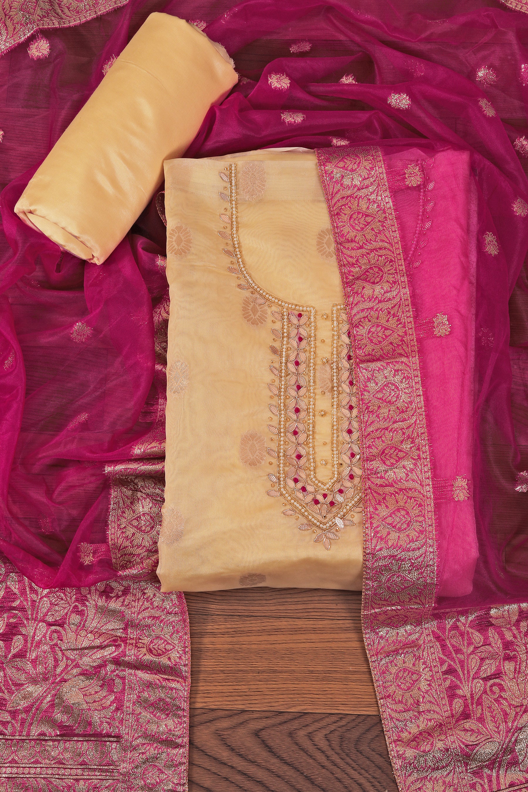 Light Yellow Woven Design Organza Embellished Dress Material With Dupatta