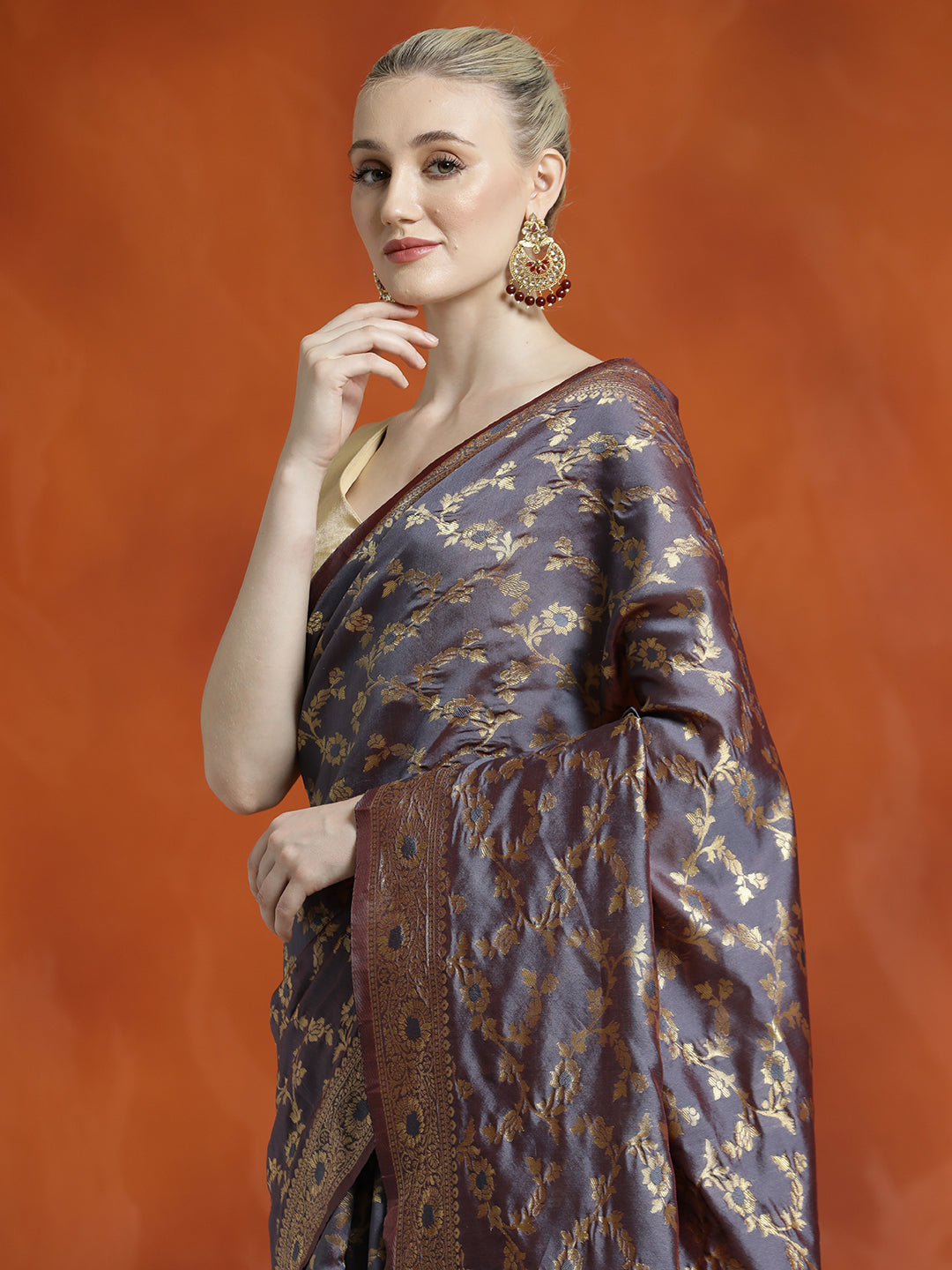 Grey Silk Banarasi Zari Woven Heavy Saree