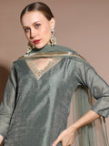 Olive Chanderi Woven Festive Kurta Set With Dupatta