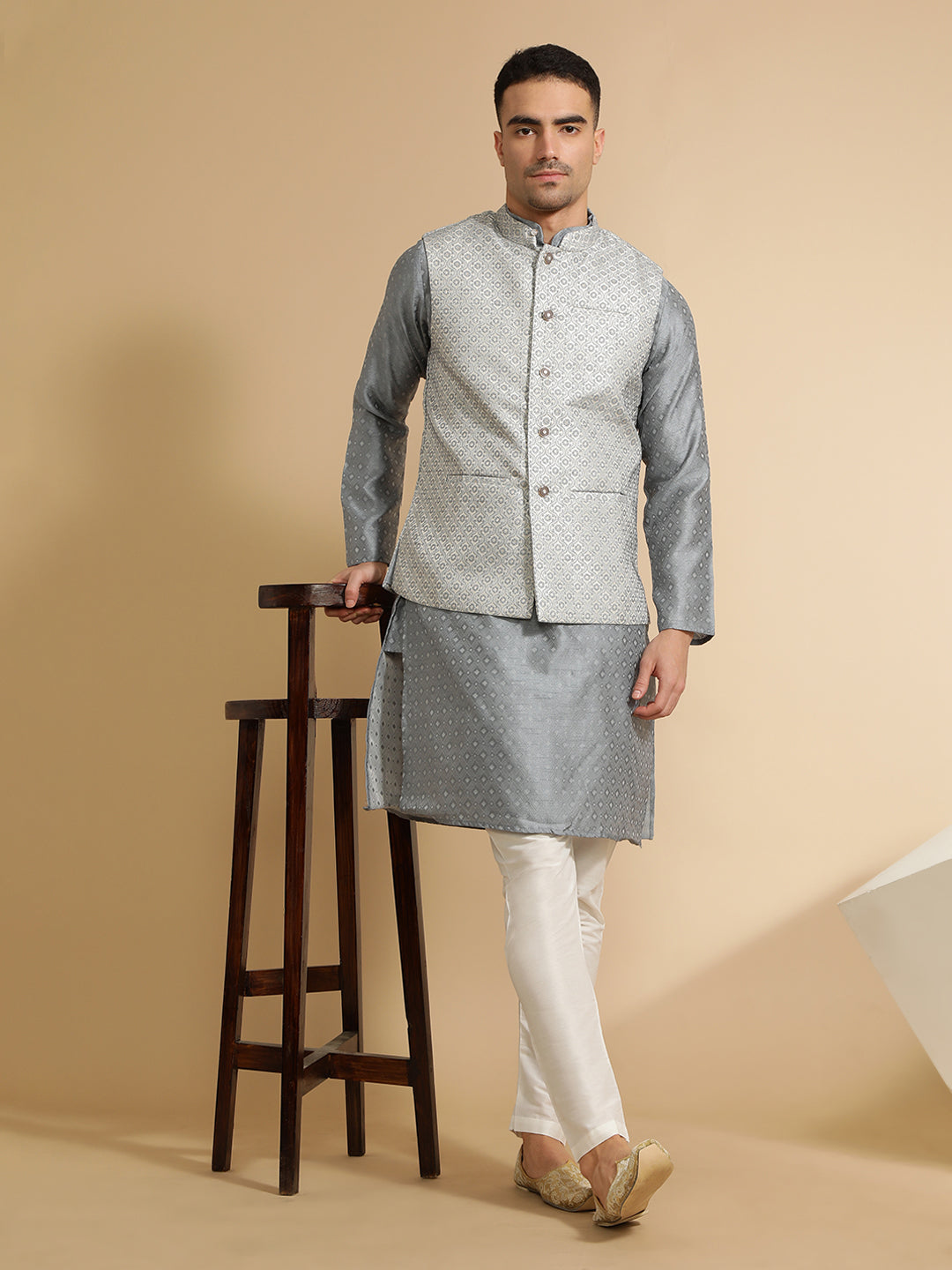 Grey Silk Blend Kurta With Woven Design Nehru Jacket Set