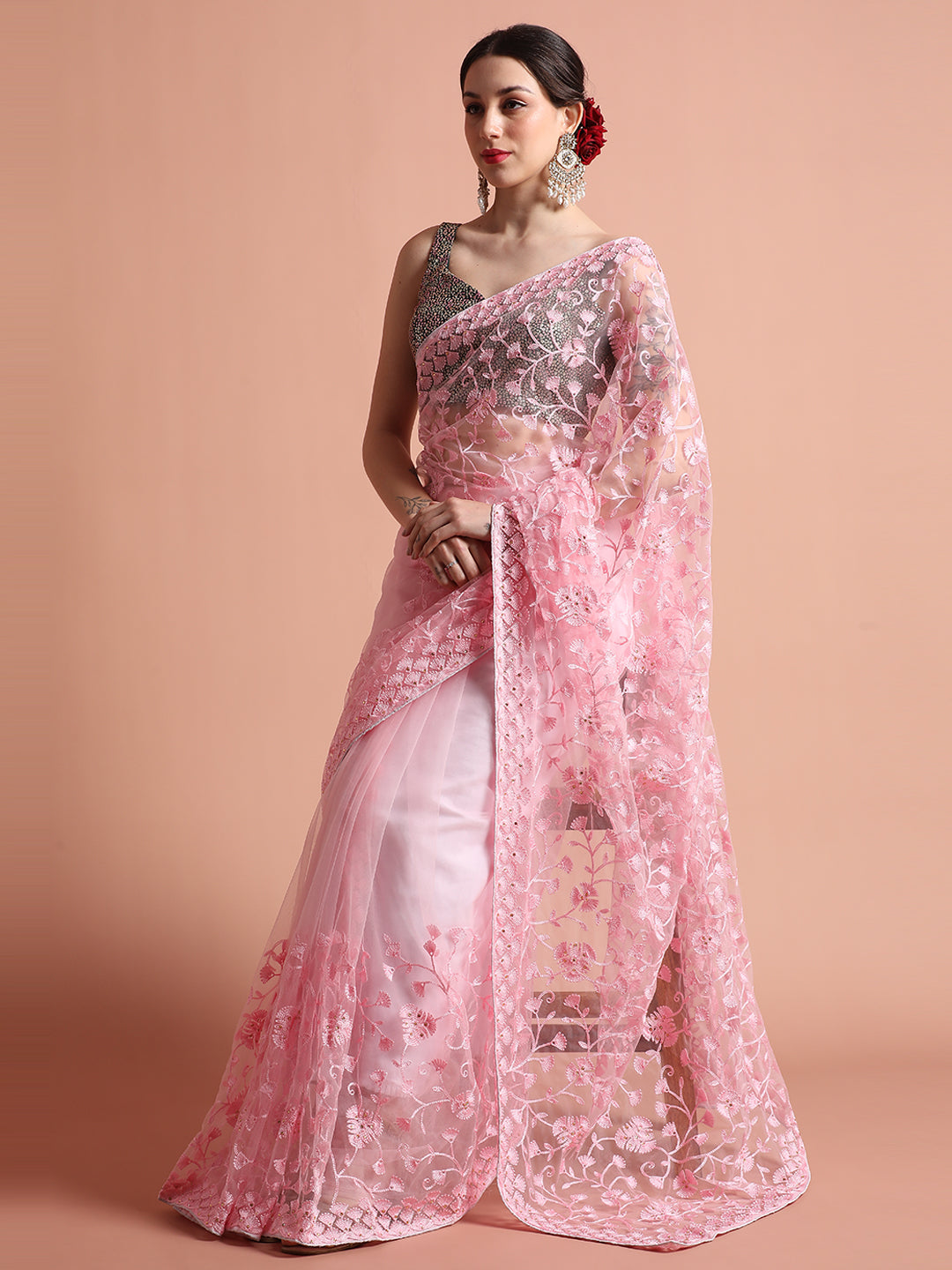 Baby Pink Party Wear Floral Embroidered Net Saree