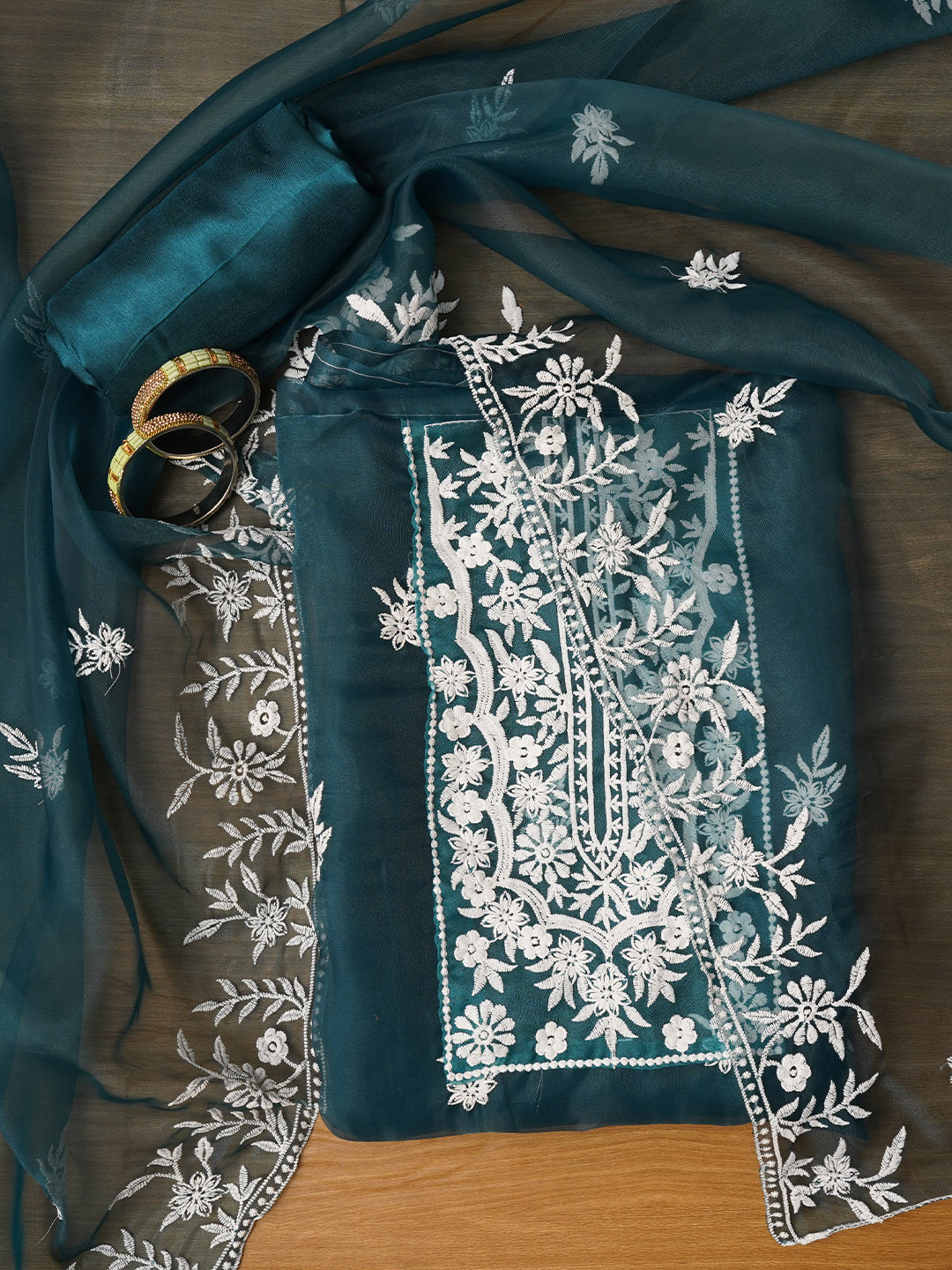 Teal Thread Embroidered Organza Festive Dress Material with Dupatta