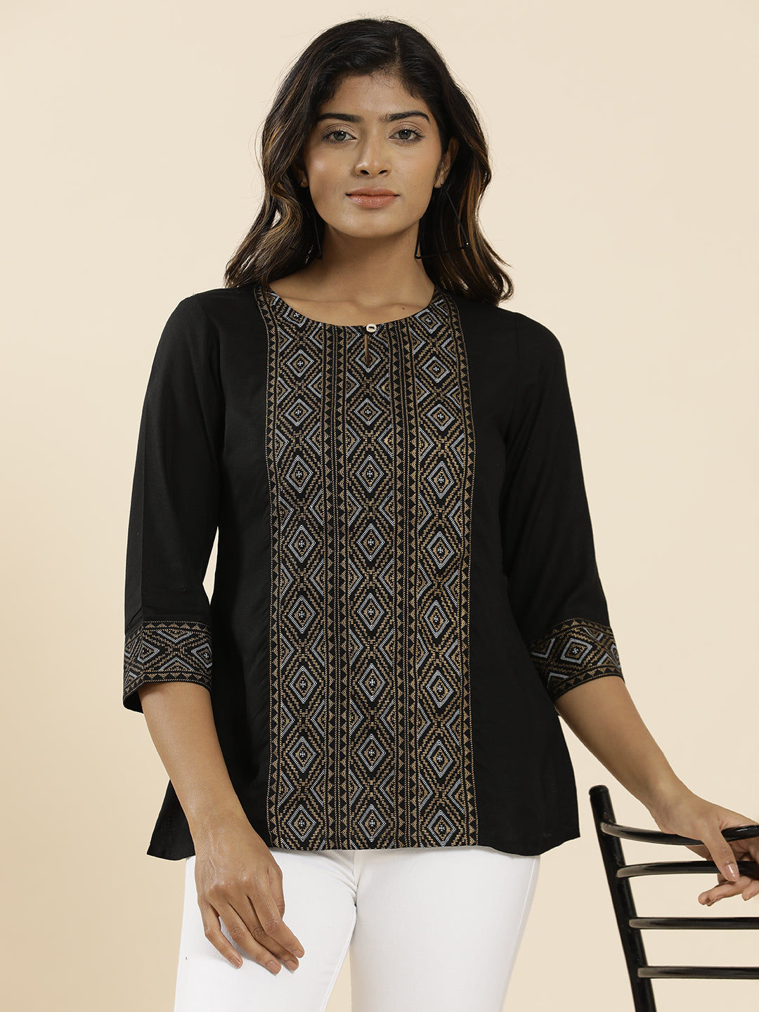 Black Geometric Printed Straight Top