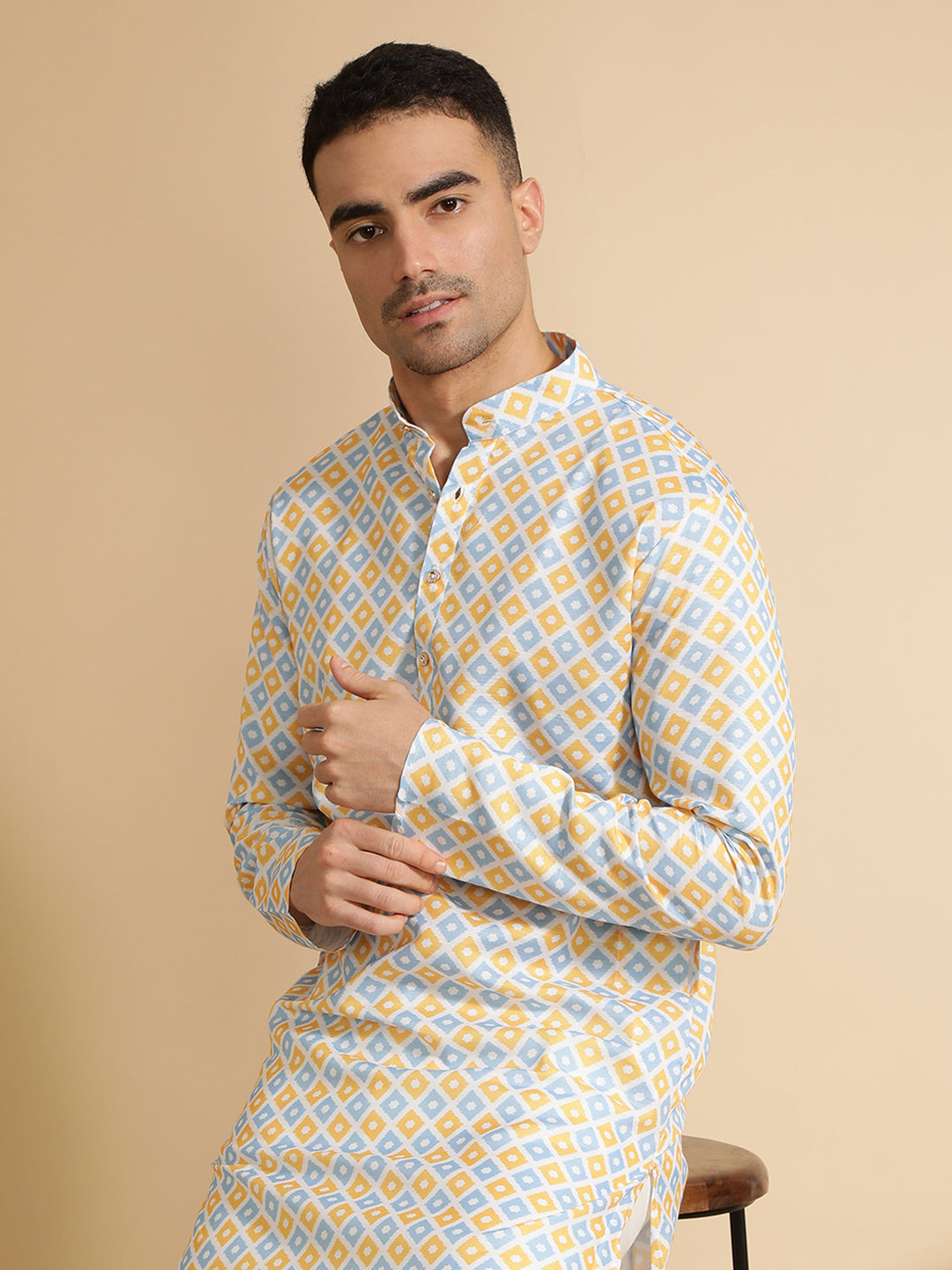 Multicolor Geometric Printed Cotton Kurta for Men