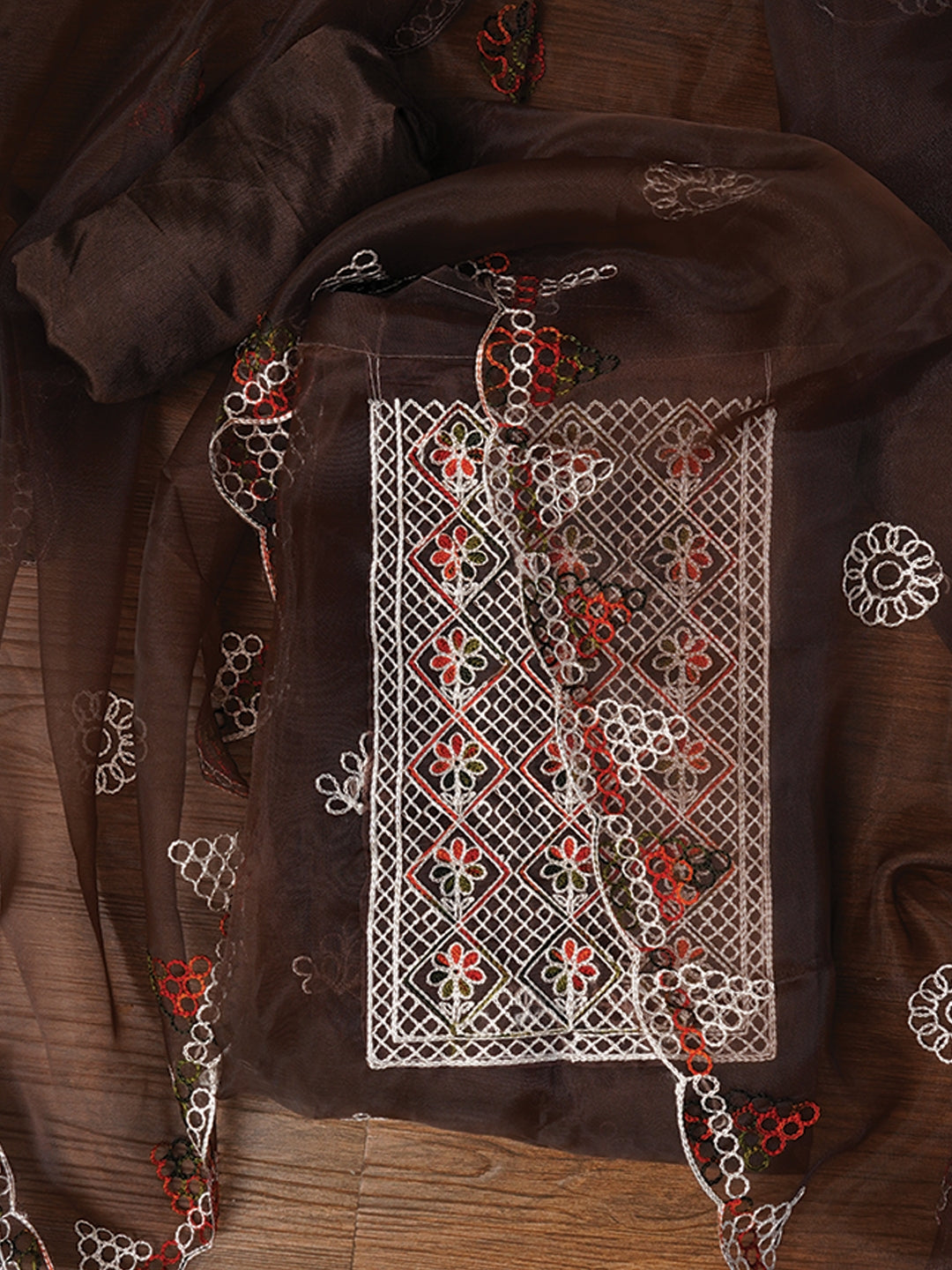 Brown Zari Embroidered Organza Dress Material with Dupatta