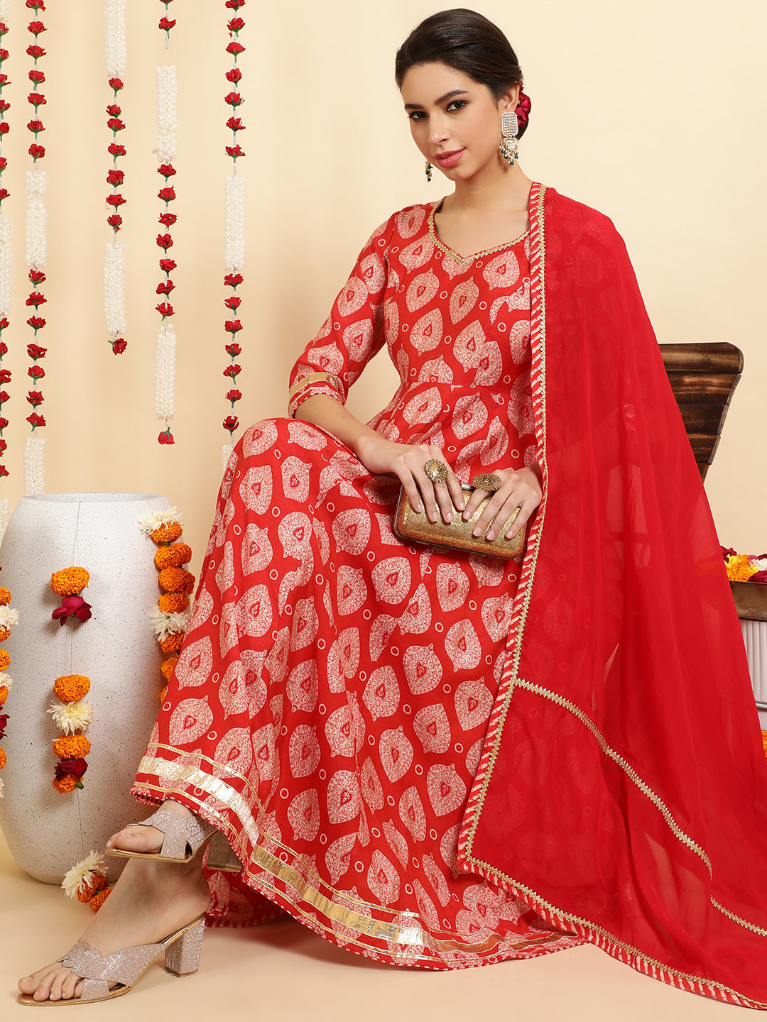 Red Ethnic Motif Printed Anarkali Kurta Set with Dupatta