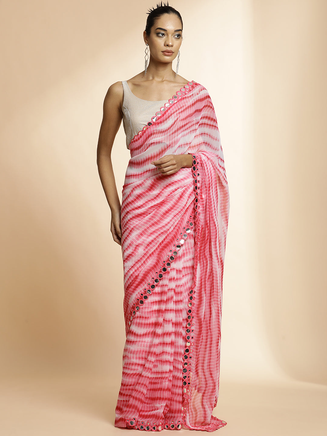 Pure Georgette Pink Leheriya Mirror Work Saree