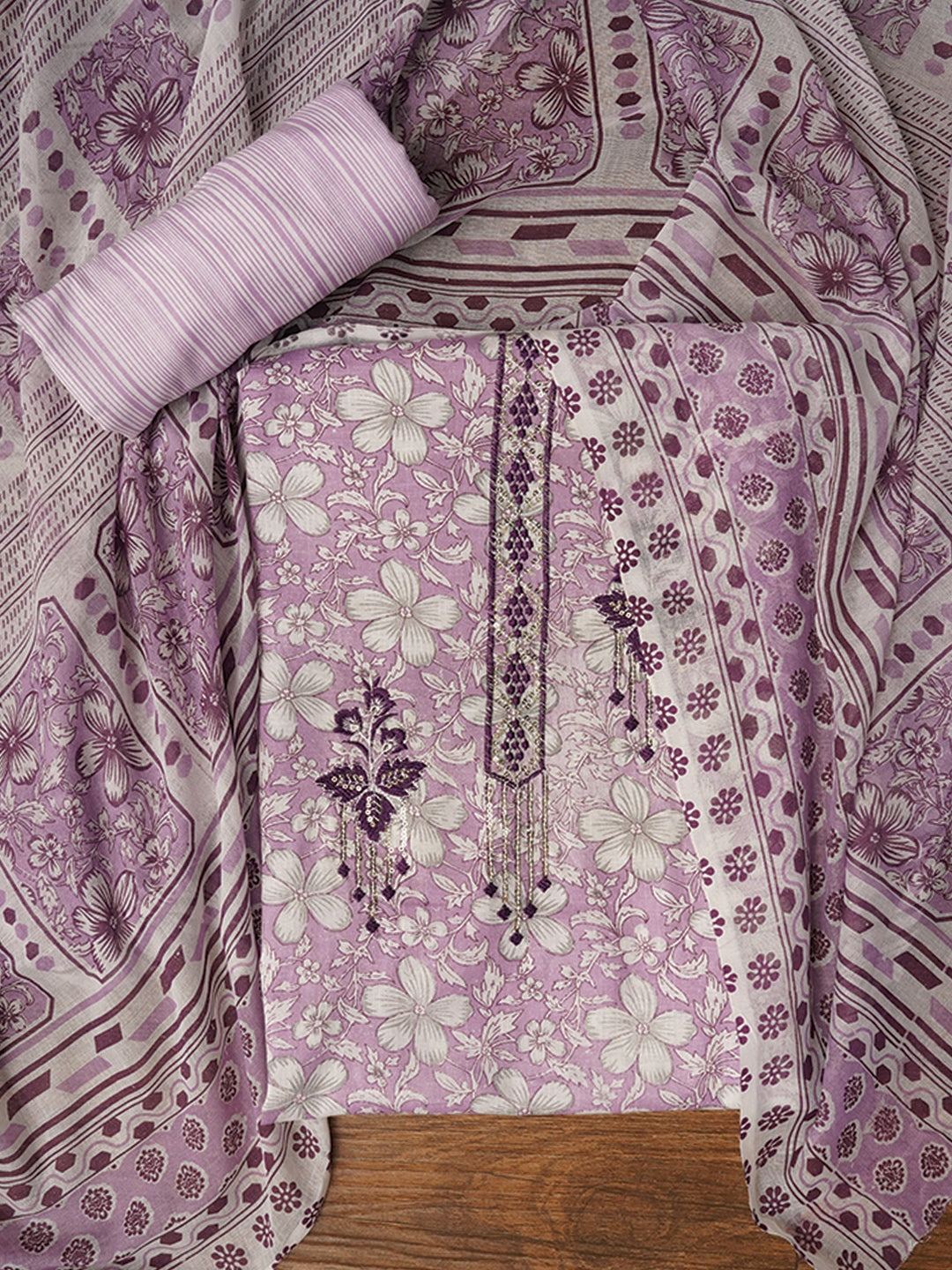 Lavender Embellished Floral Printed Pure Cotton Dress Material with Dupatta