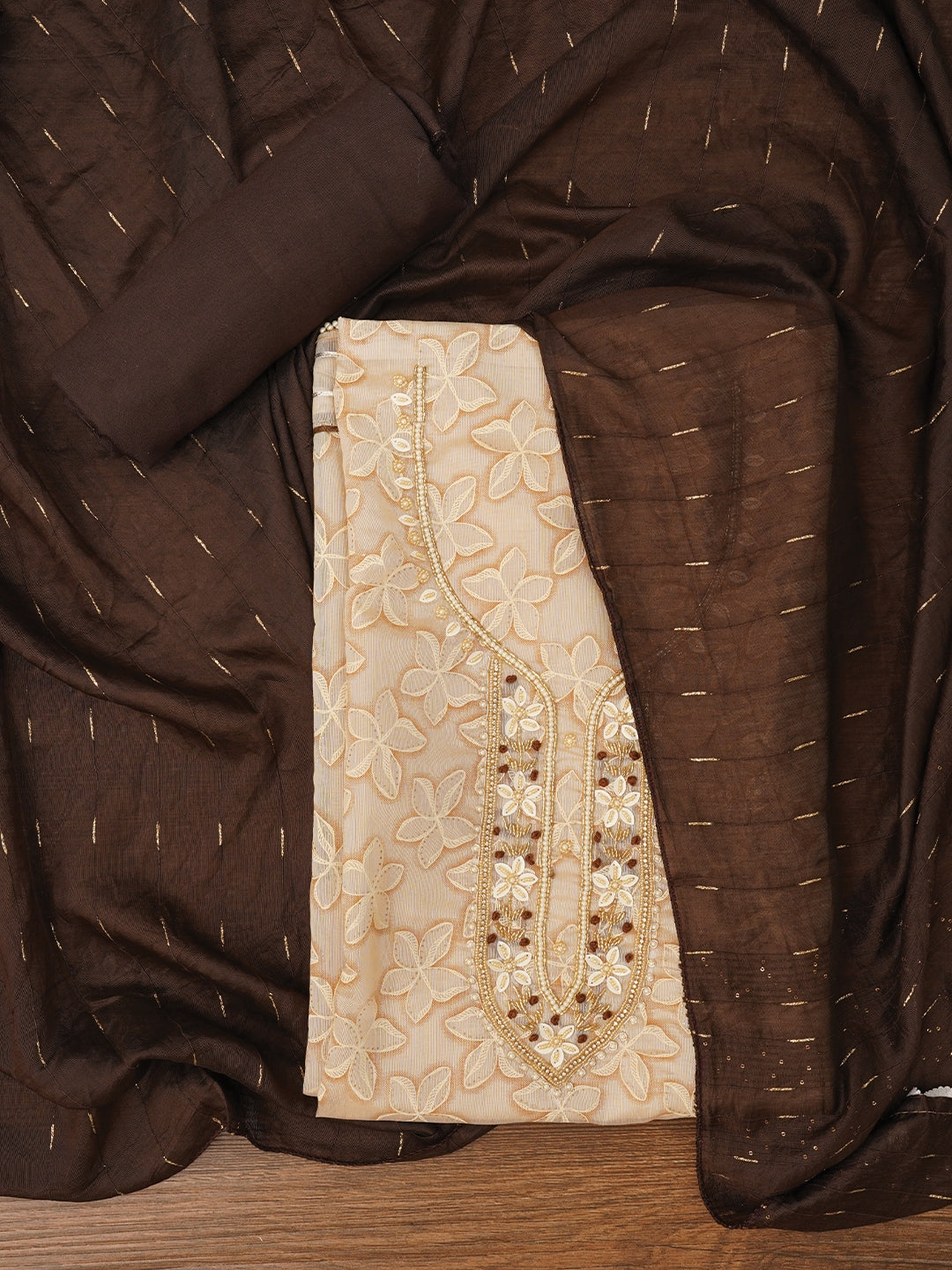 Beige Floral Printed Embellished Cotton Dress Material with Dupatta