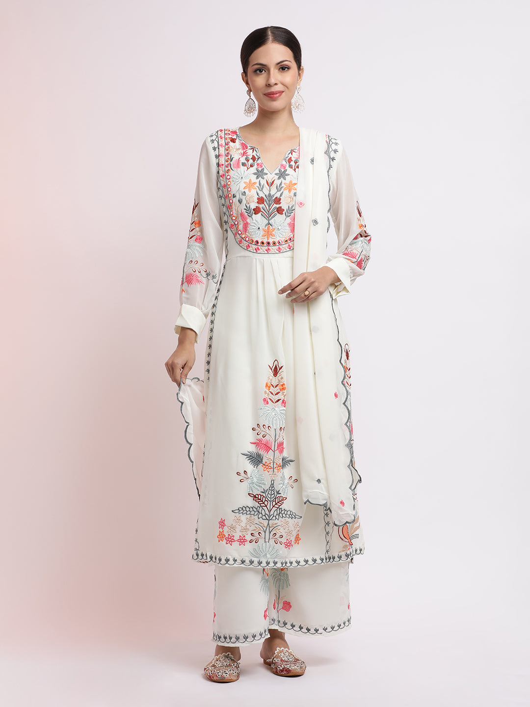 White Thread Embroidered Georgette Kurta Set With Dupatta