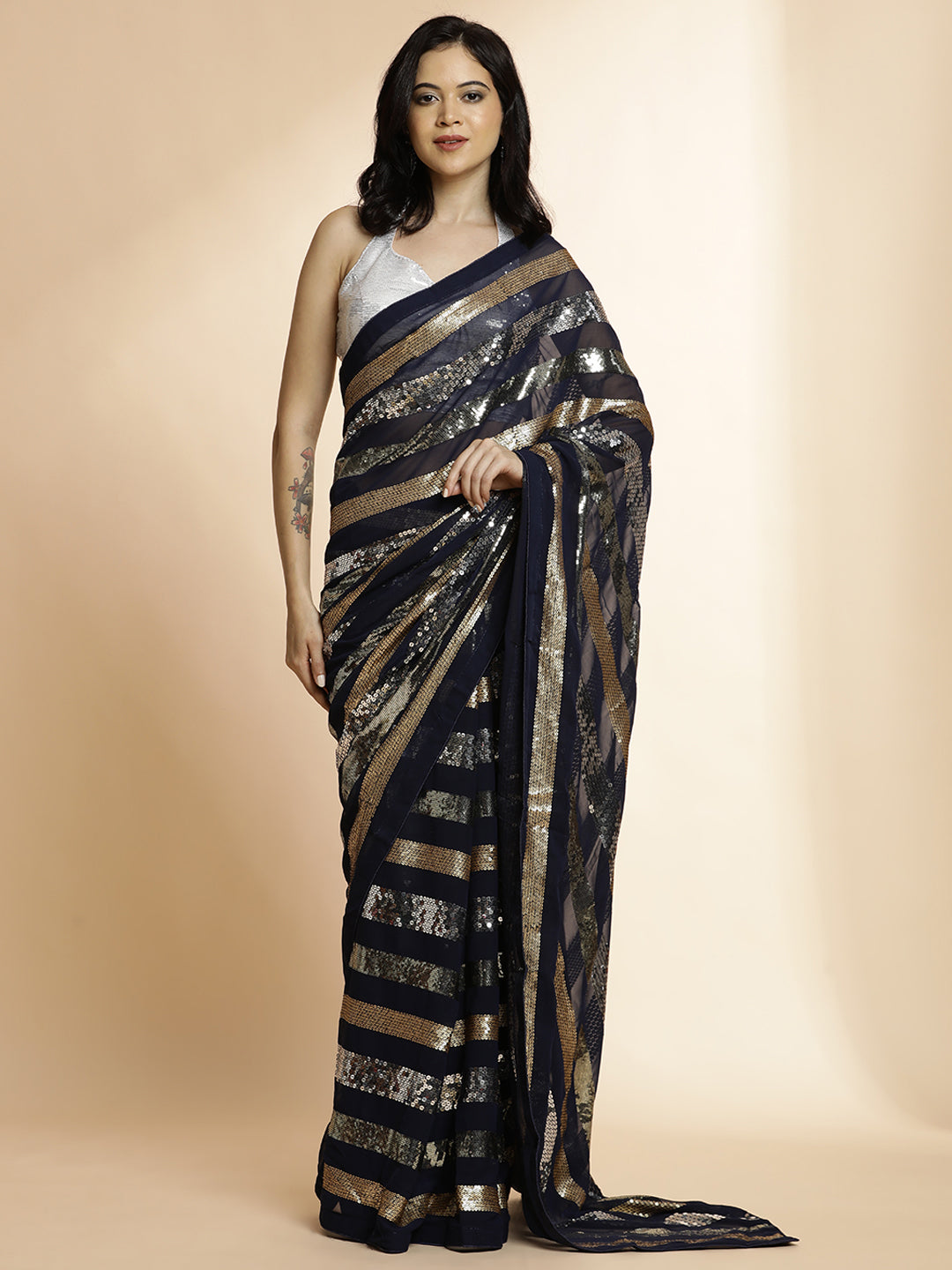 Blue Embellished Pure Georgette Party Wear Saree