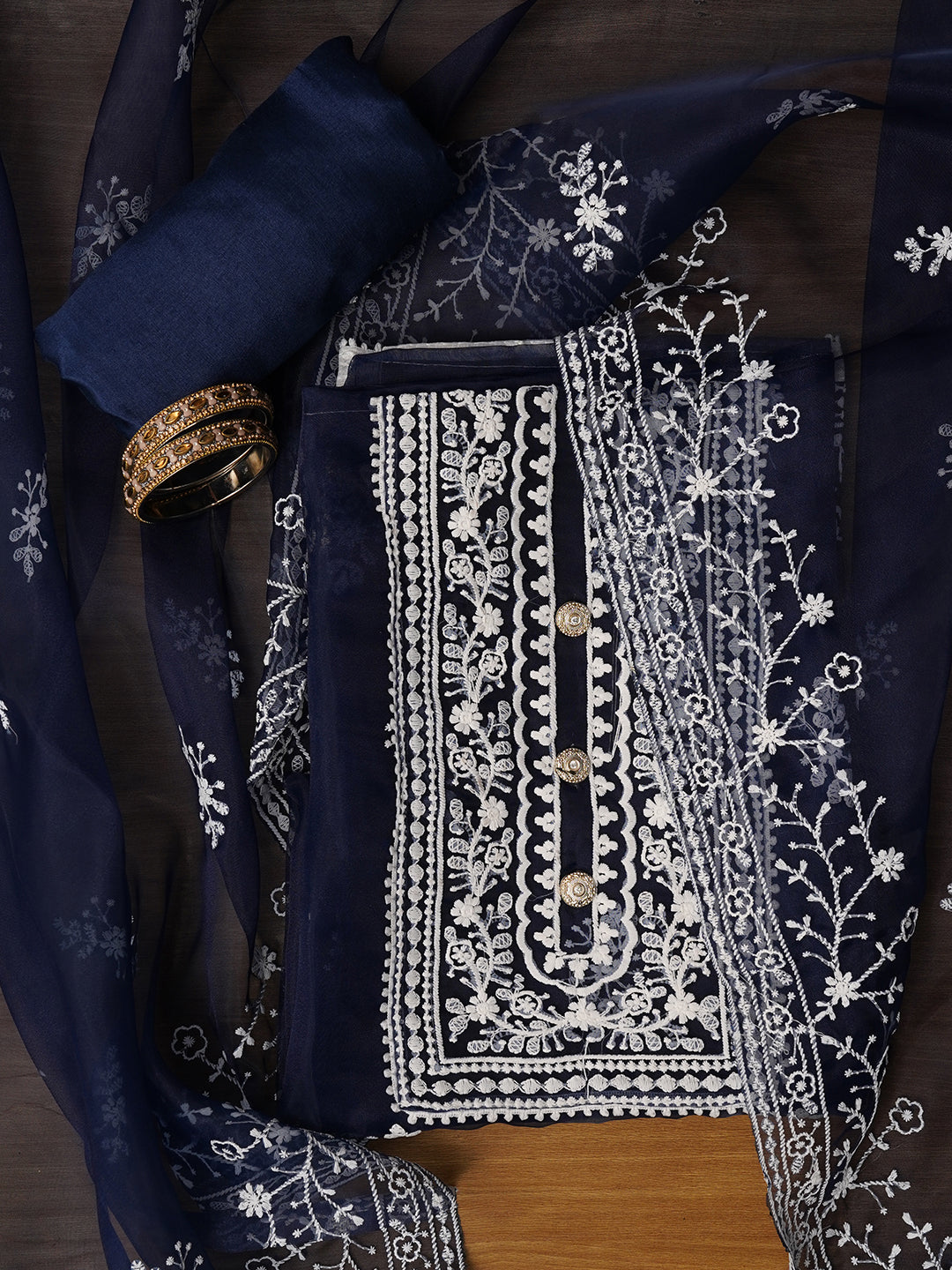 Unstitched Blue Embroidered Organza Dress Material With Dupatta