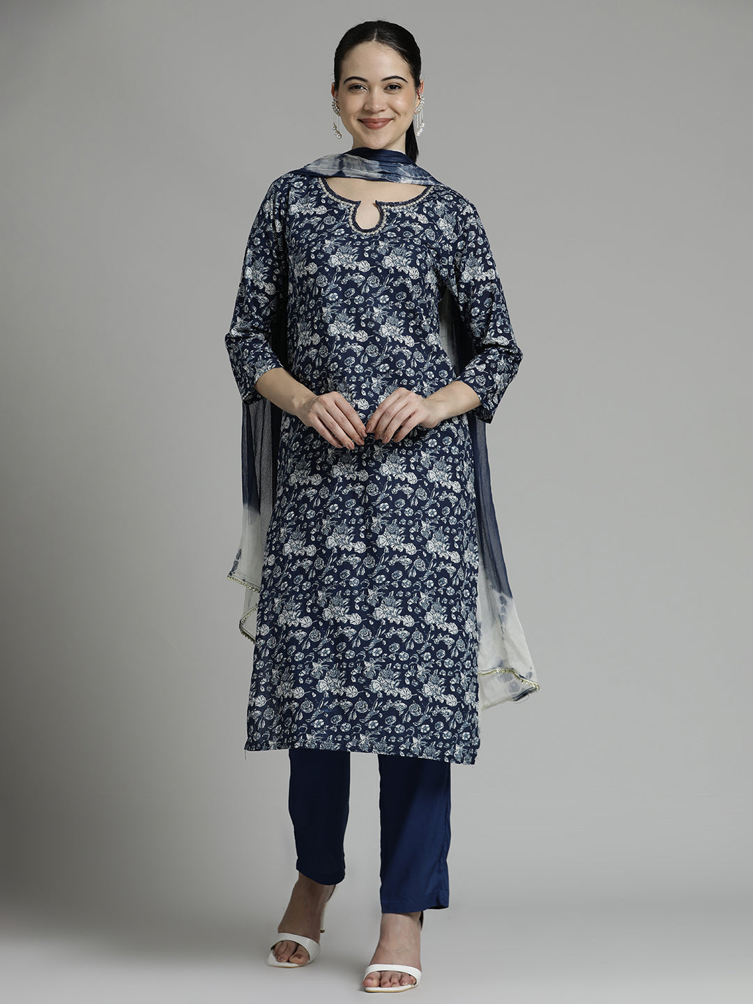 Floral Printed Cotton Blue Suit Set