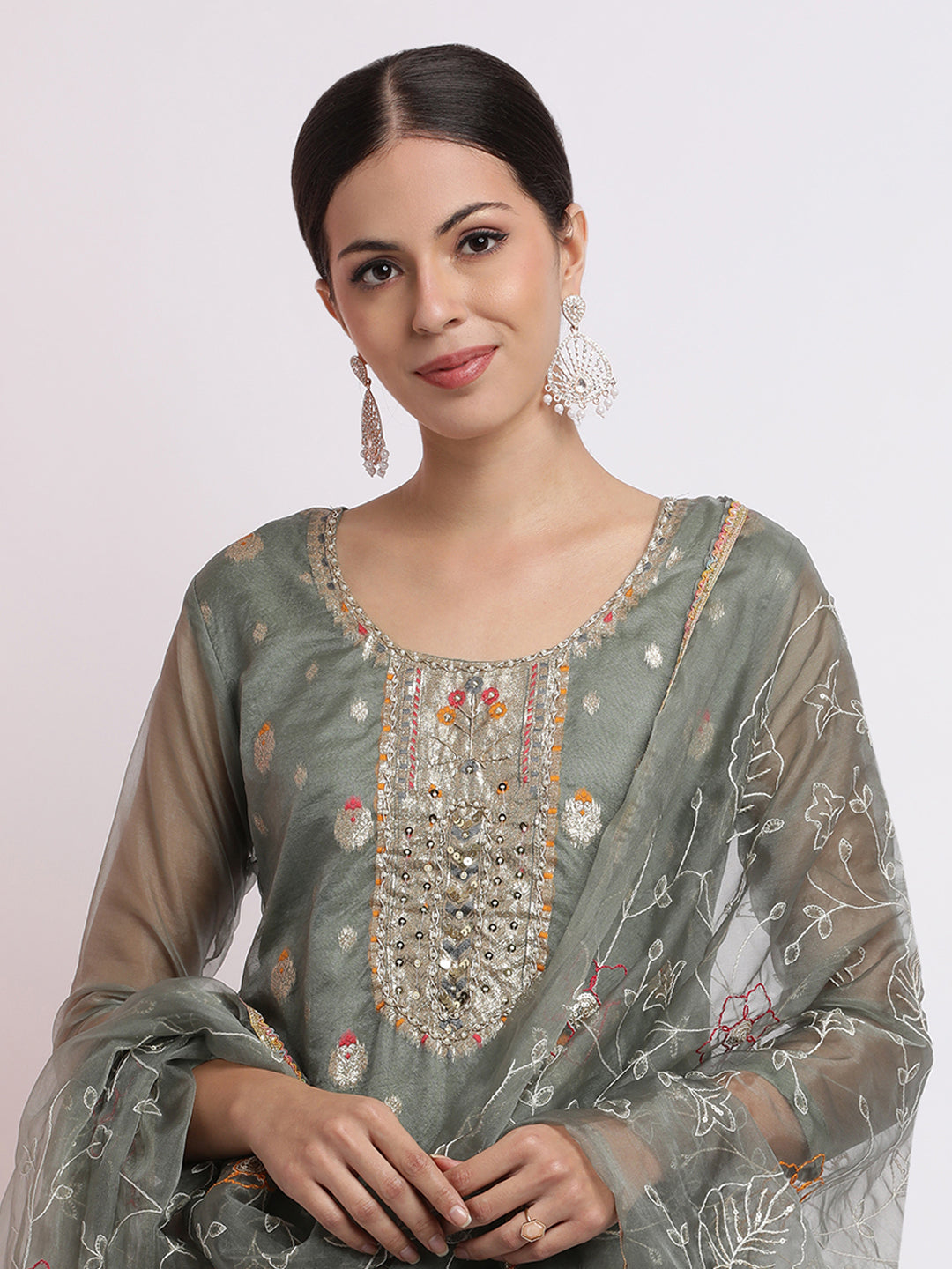 Embroidered Jacquard Kurta Set With Dupatta