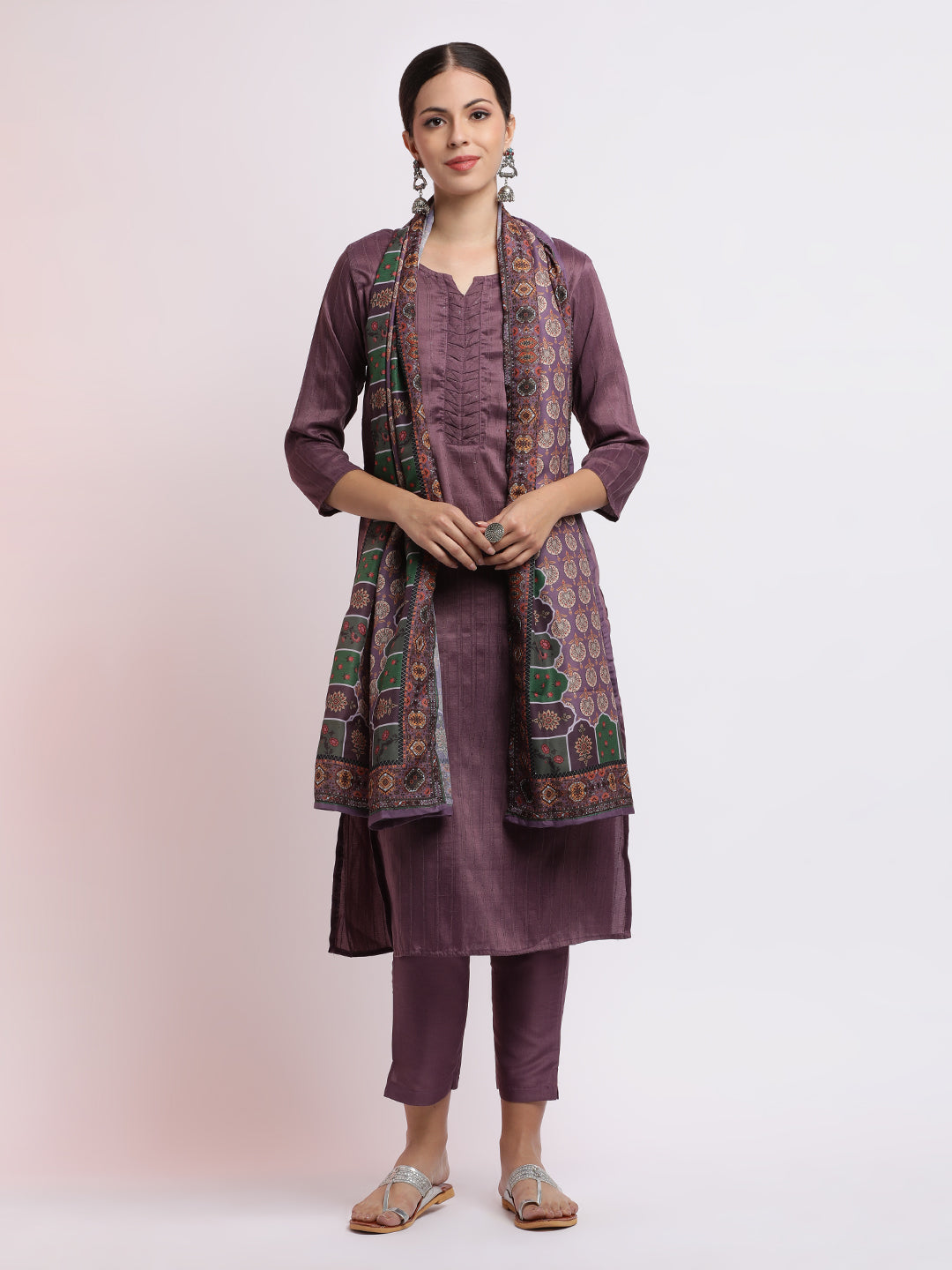 Chinon Embellished Kurta Set With Printed Dupatta