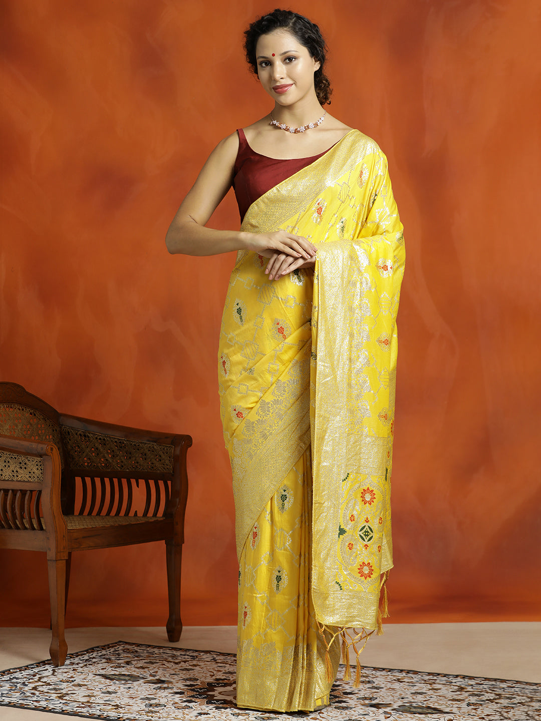 Yellow Party Wear Silk Banarasi Floral Zari Woven Design Saree