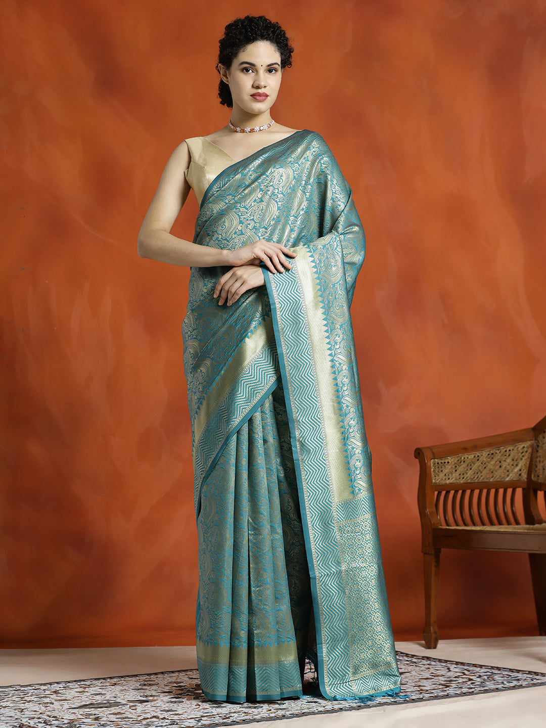 Heavy Banarasi Zari Woven Teal Silk Blend Saree