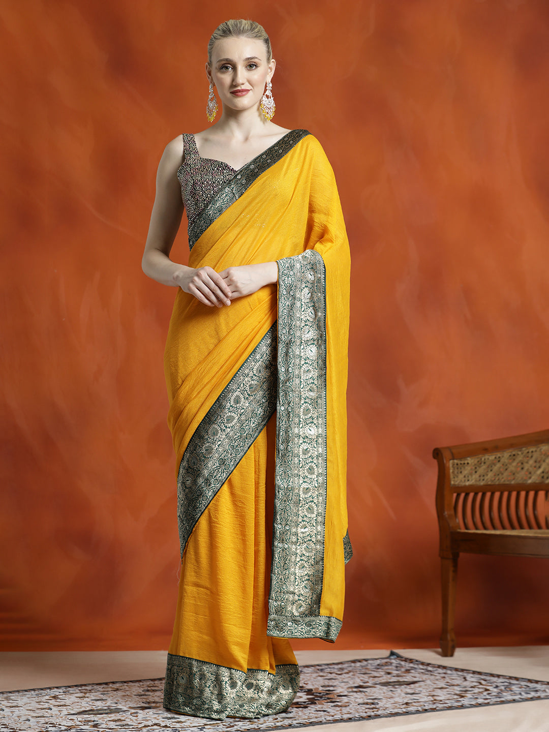 Yellow Silk Blend Zari Woven Party Wear Saree