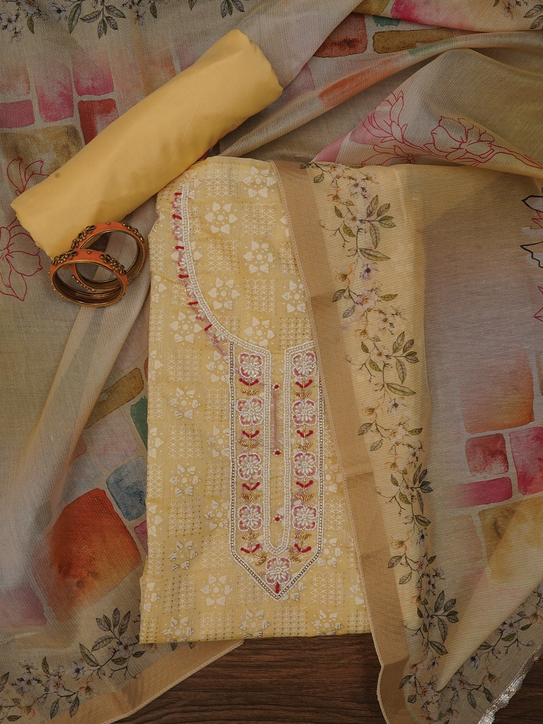 Yellow Printed Embellished Cotton Dress Material with Dupatta