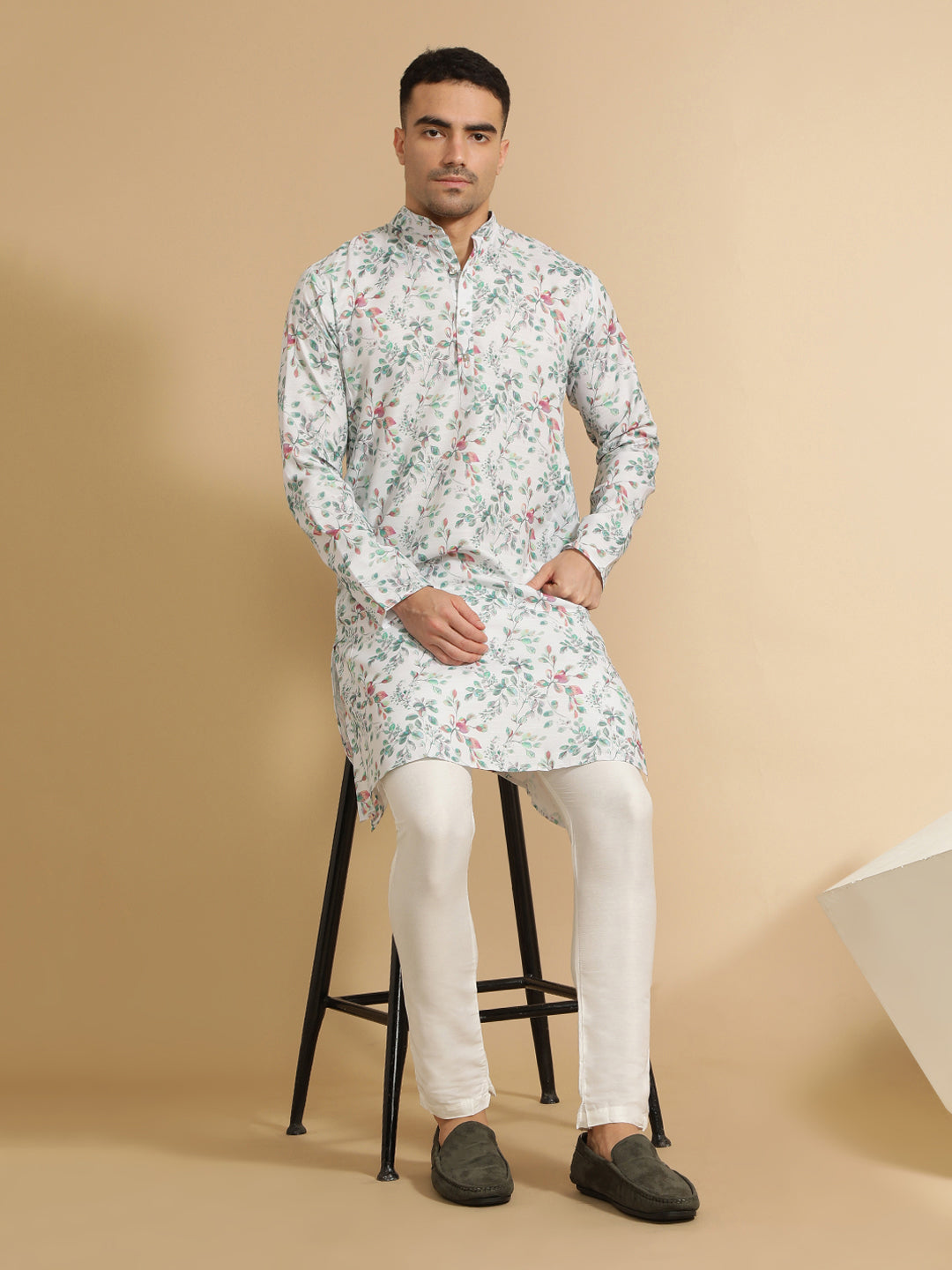 Off White & Green Floral Printed Cotton Kurta for Men