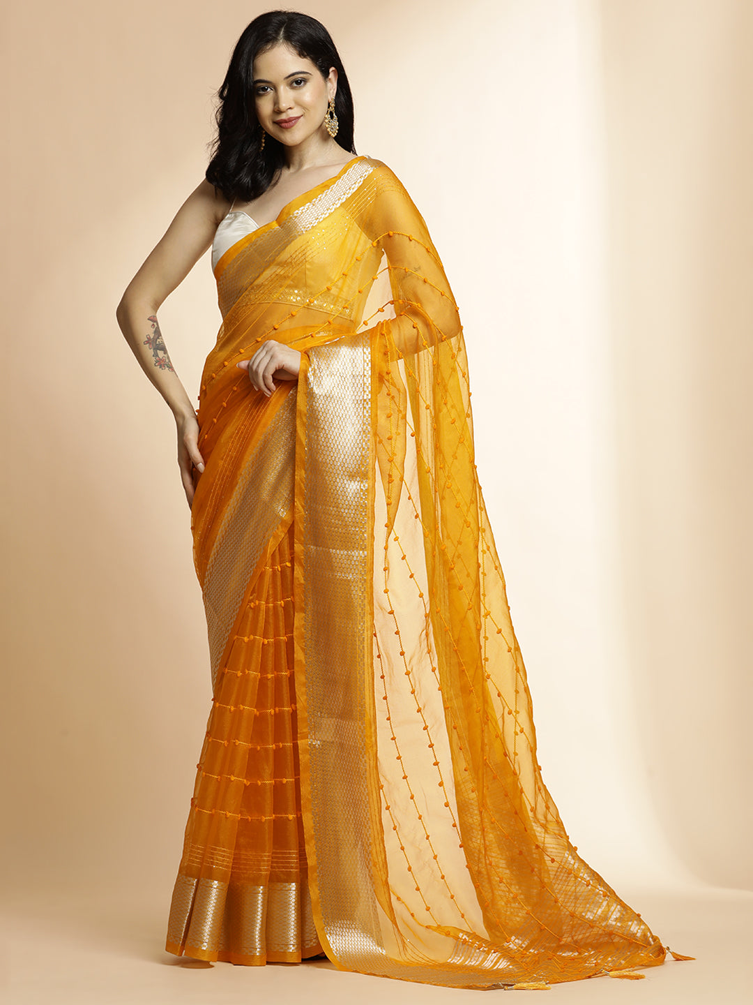 Yellow Woven Design Khadi Organza Saree